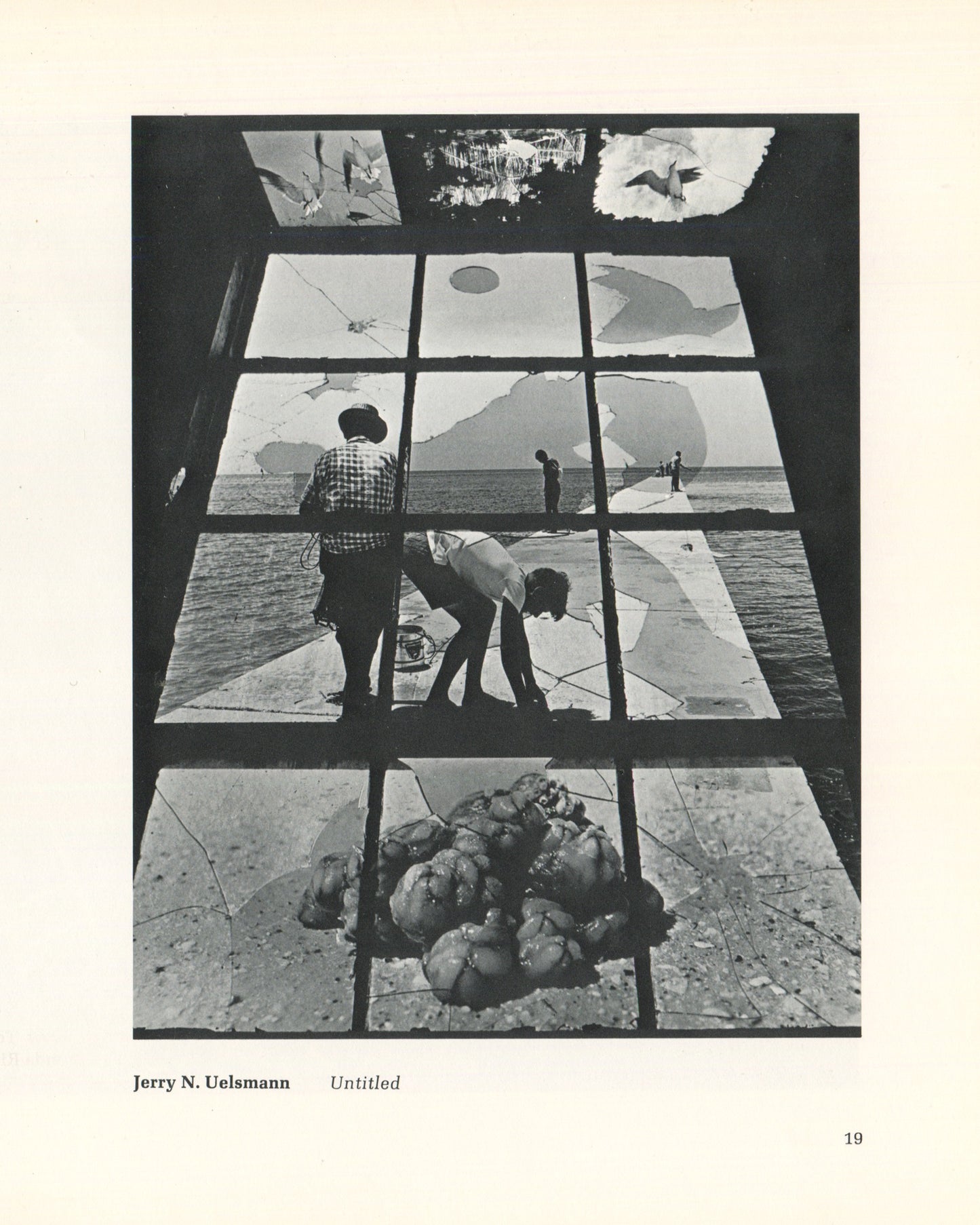 Interior plate from 1973 Extraordinary Realities, Whitney Museum of American Art, page 19. Jerry N. Uelsmann, Untitled — black-and-white composite photograph showing a 3×4 grid of photographic panels viewed from below, combining images of seagulls in flight, a circular form against sky, a coastal scene with two figures on a pier, and a cluster of organic rounded forms at the base, creating a disorienting spatial montage.