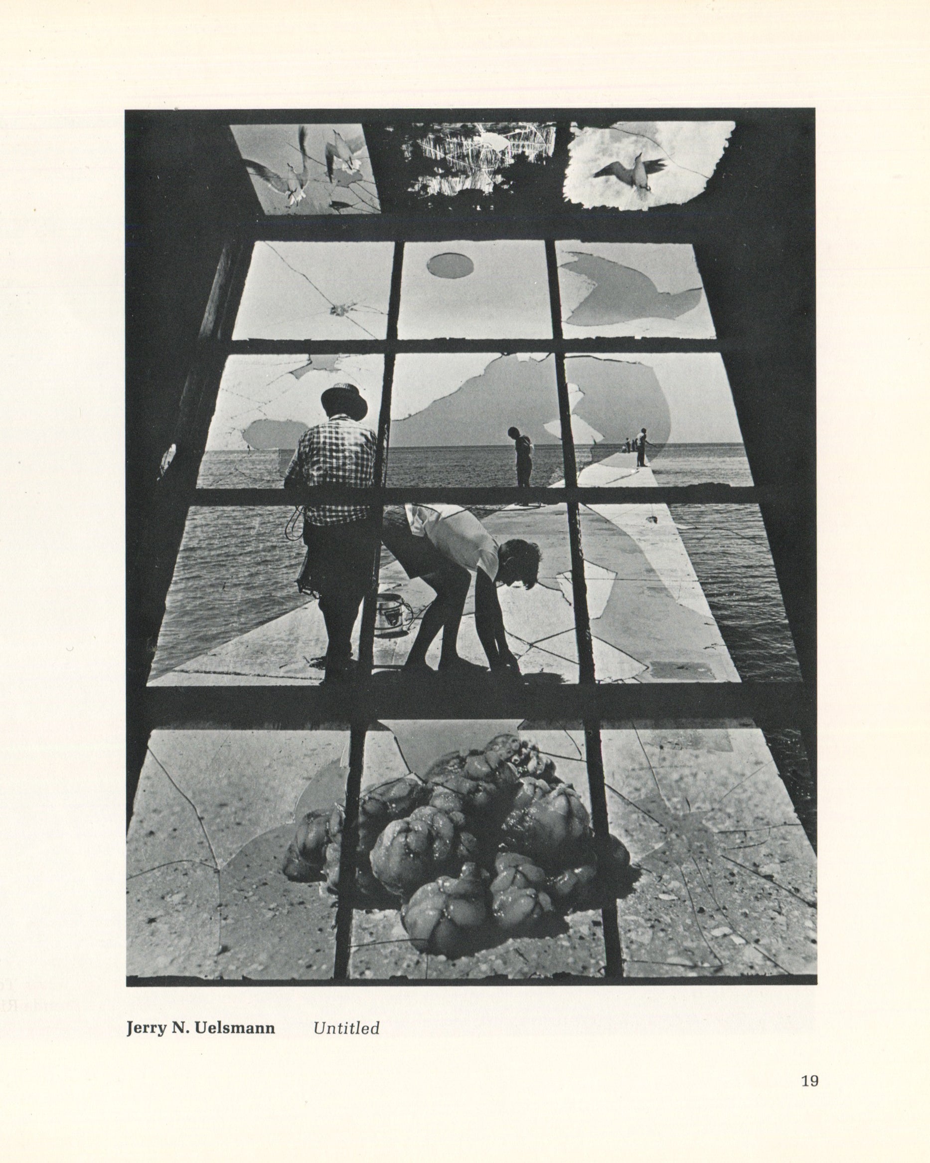 Interior plate from 1973 Extraordinary Realities, Whitney Museum of American Art, page 19. Jerry N. Uelsmann, Untitled — black-and-white composite photograph showing a 3×4 grid of photographic panels viewed from below, combining images of seagulls in flight, a circular form against sky, a coastal scene with two figures on a pier, and a cluster of organic rounded forms at the base, creating a disorienting spatial montage.