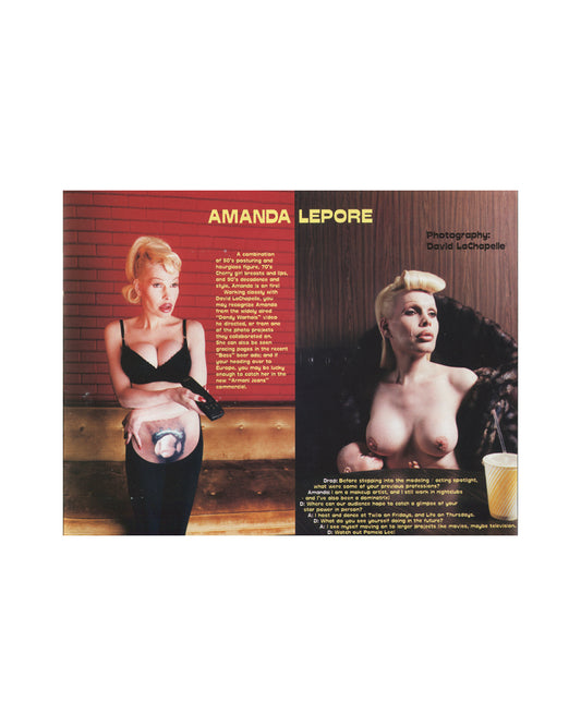 nterior spread of Drop Magazine, Fall/Winter 1997, featuring an Amanda Lepore feature with photography by David LaChapelle, showing two photographs of Amanda Lepore on a red brick background with accompanying interview text.
