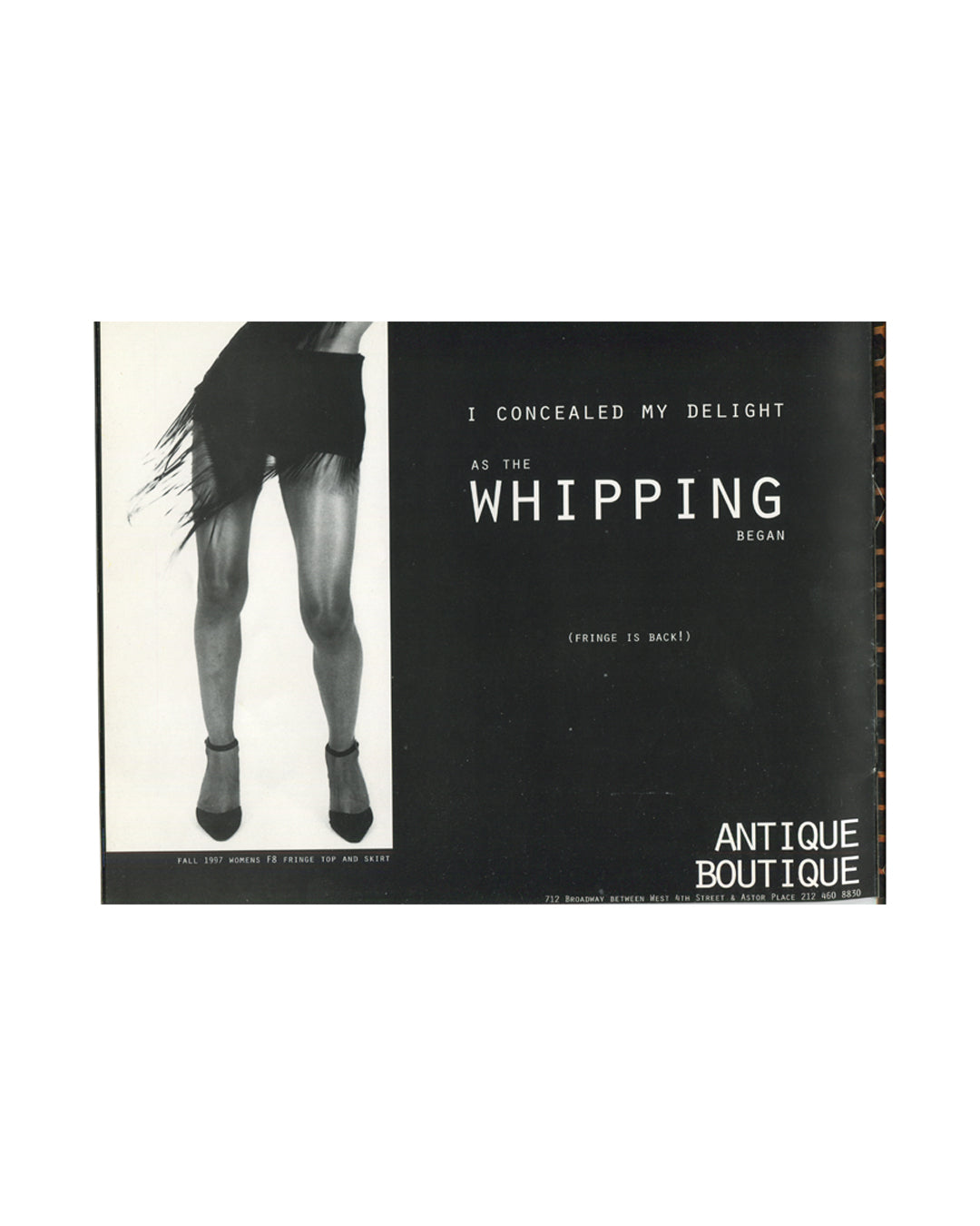 Interior spread of Drop Magazine, Fall/Winter 1997, left page showing a black-and-white photograph of legs in a fringe skirt and heels captioned "Fall 1997 Womens FB Fringe Top and Skirt," right page showing the text "I Concealed My Delight As The Whipping Began (Fringe Is Back!)" with an Antique Boutique advertisement.