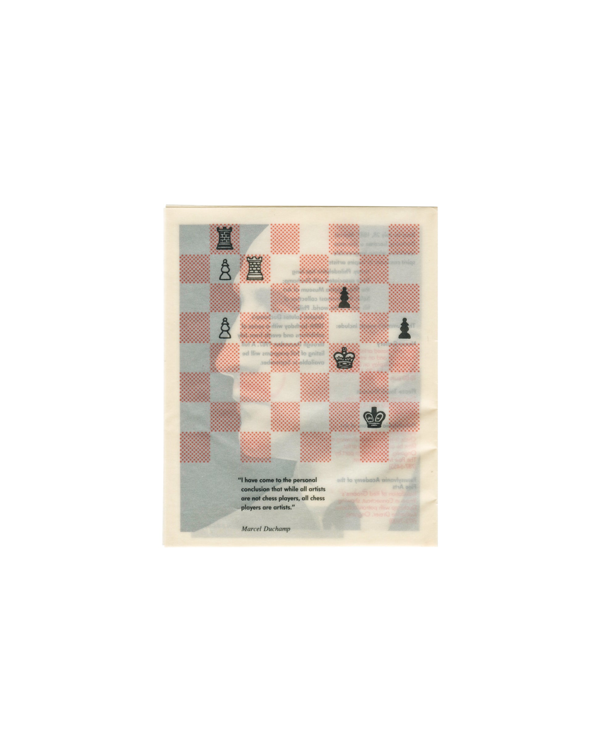 Marcel Duchamp, centennial programme back panel, 1987; red and grey chessboard with pieces and chess quotation