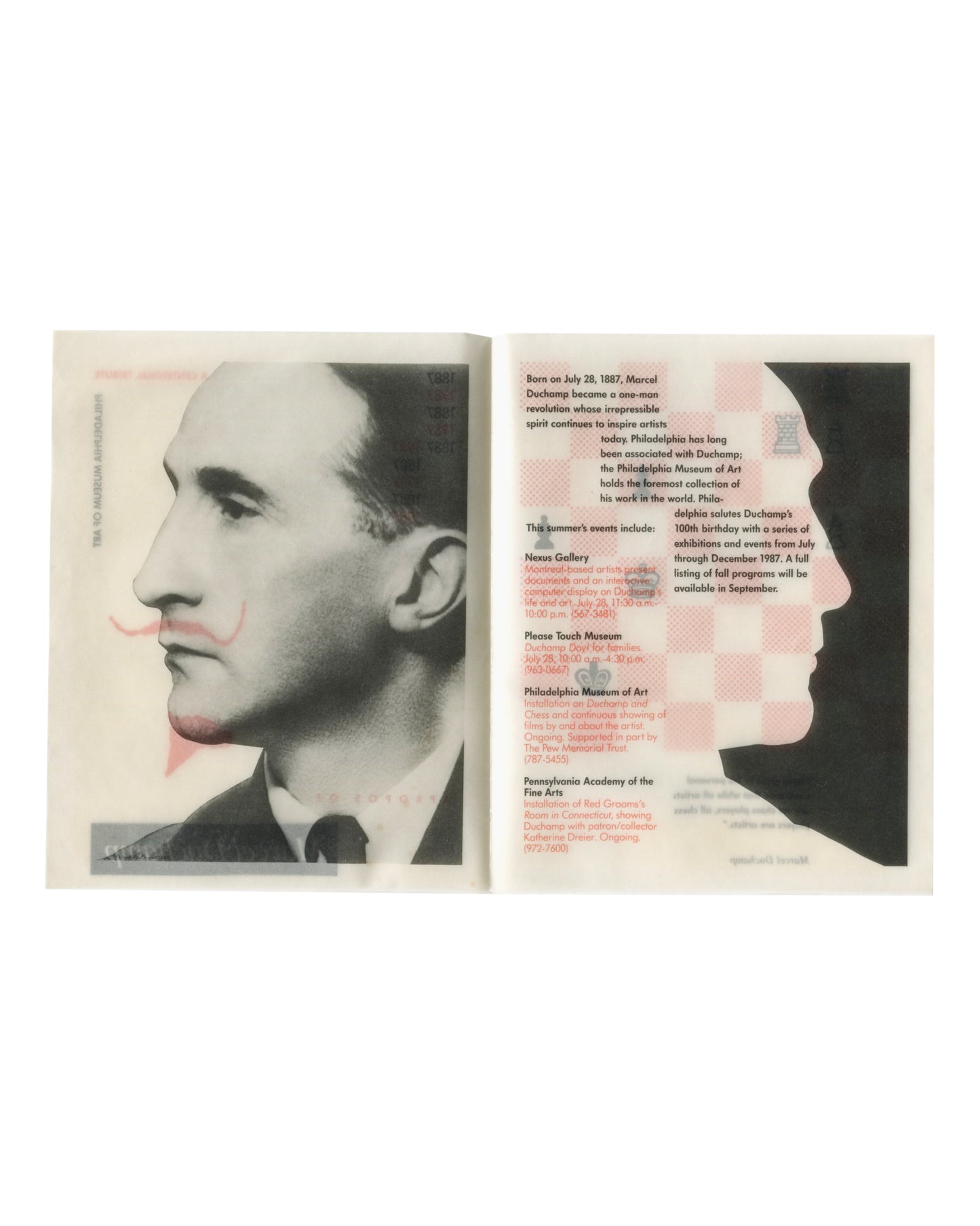 Marcel Duchamp, centennial programme interior, Philadelphia Museum of Art 1987; profile photo left, event listings right