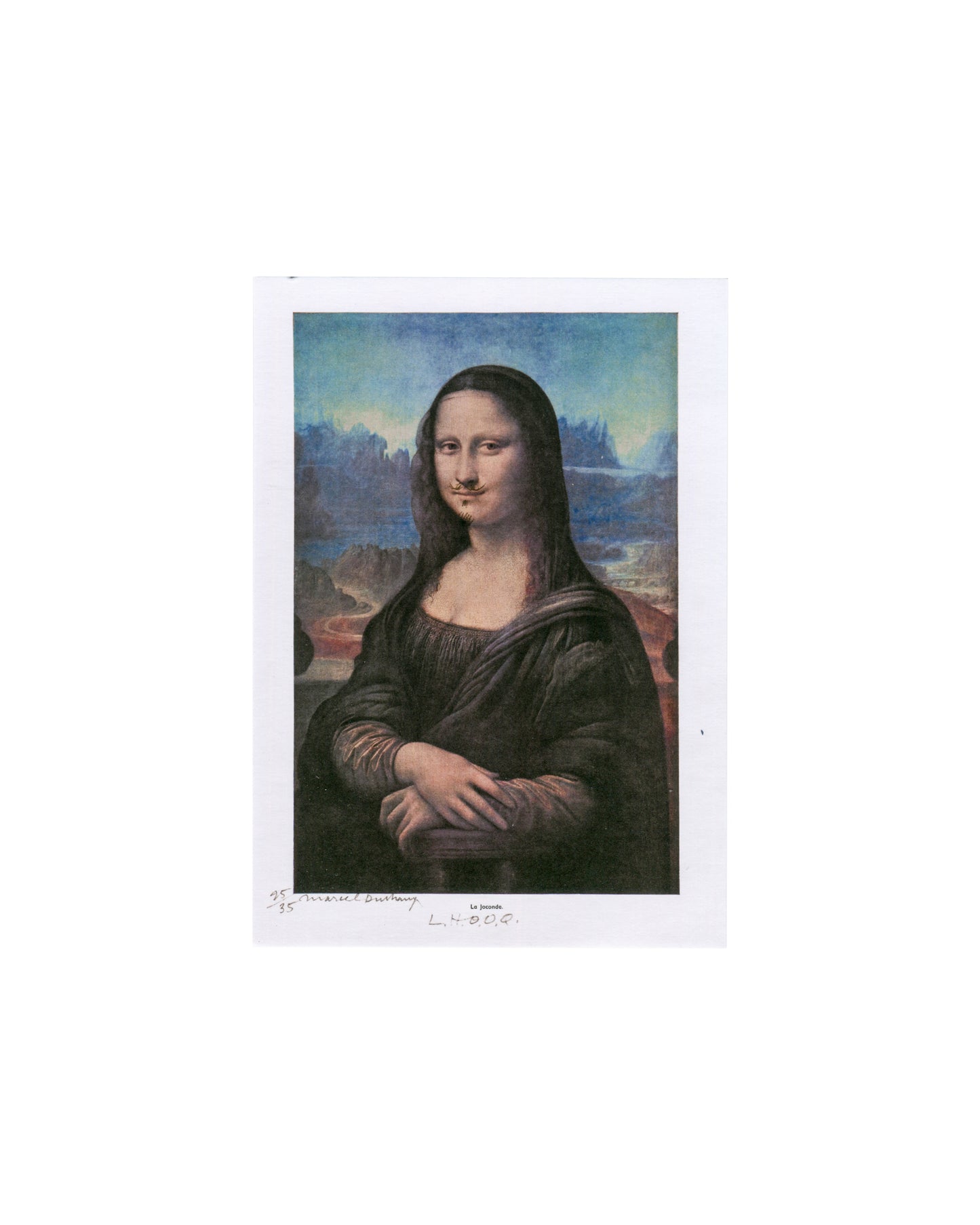 Marcel Duchamp, L.H.O.O.Q. 1964 re-edition; colour reproduction of Mona Lisa with moustache and goatee, invitation recto