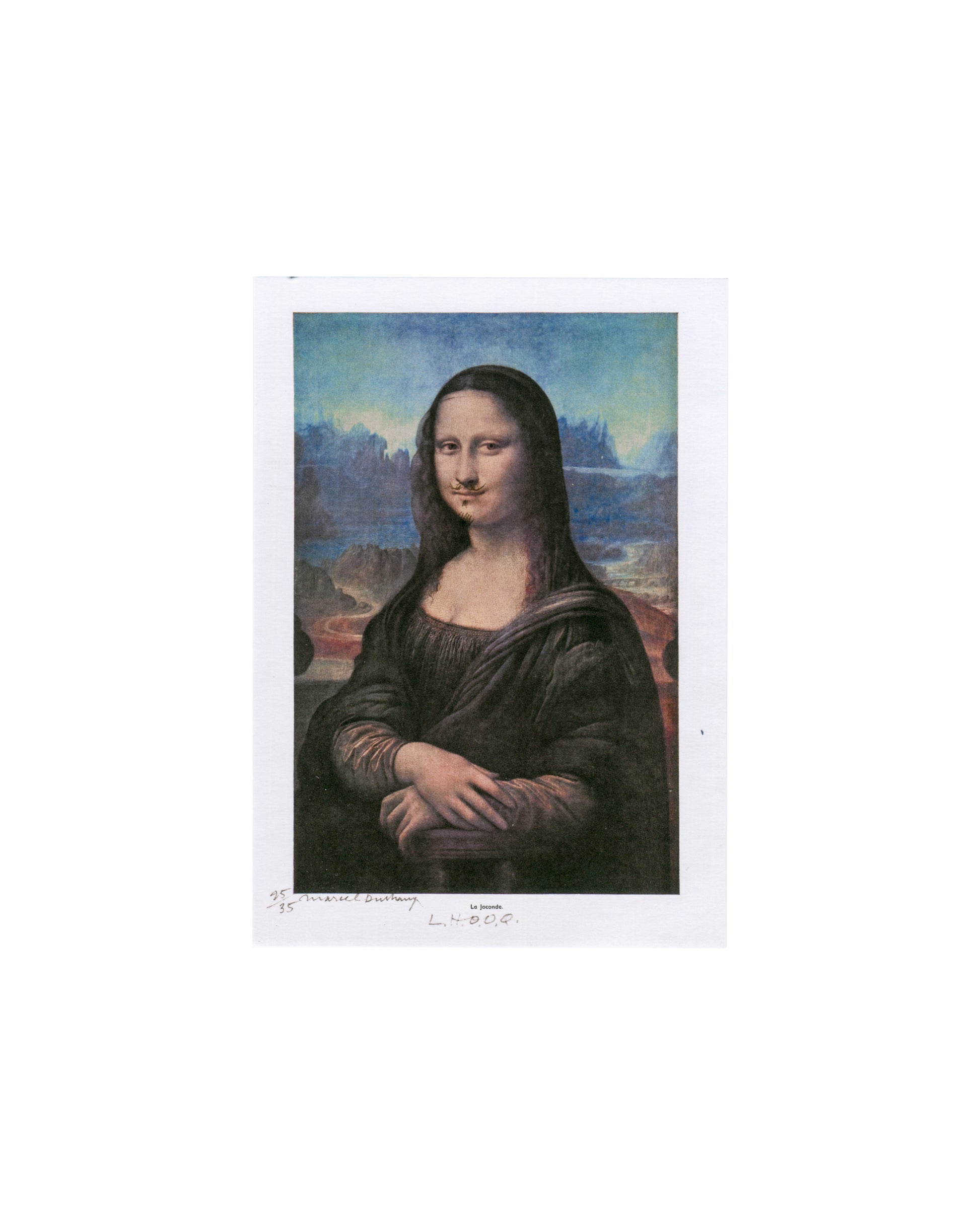 Marcel Duchamp, L.H.O.O.Q. 1964 re-edition; colour reproduction of Mona Lisa with moustache and goatee, invitation recto