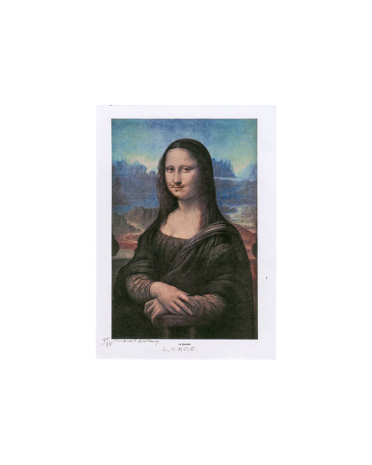 Marcel Duchamp, L.H.O.O.Q. 1964 re-edition; colour reproduction of Mona Lisa with moustache and goatee, invitation recto