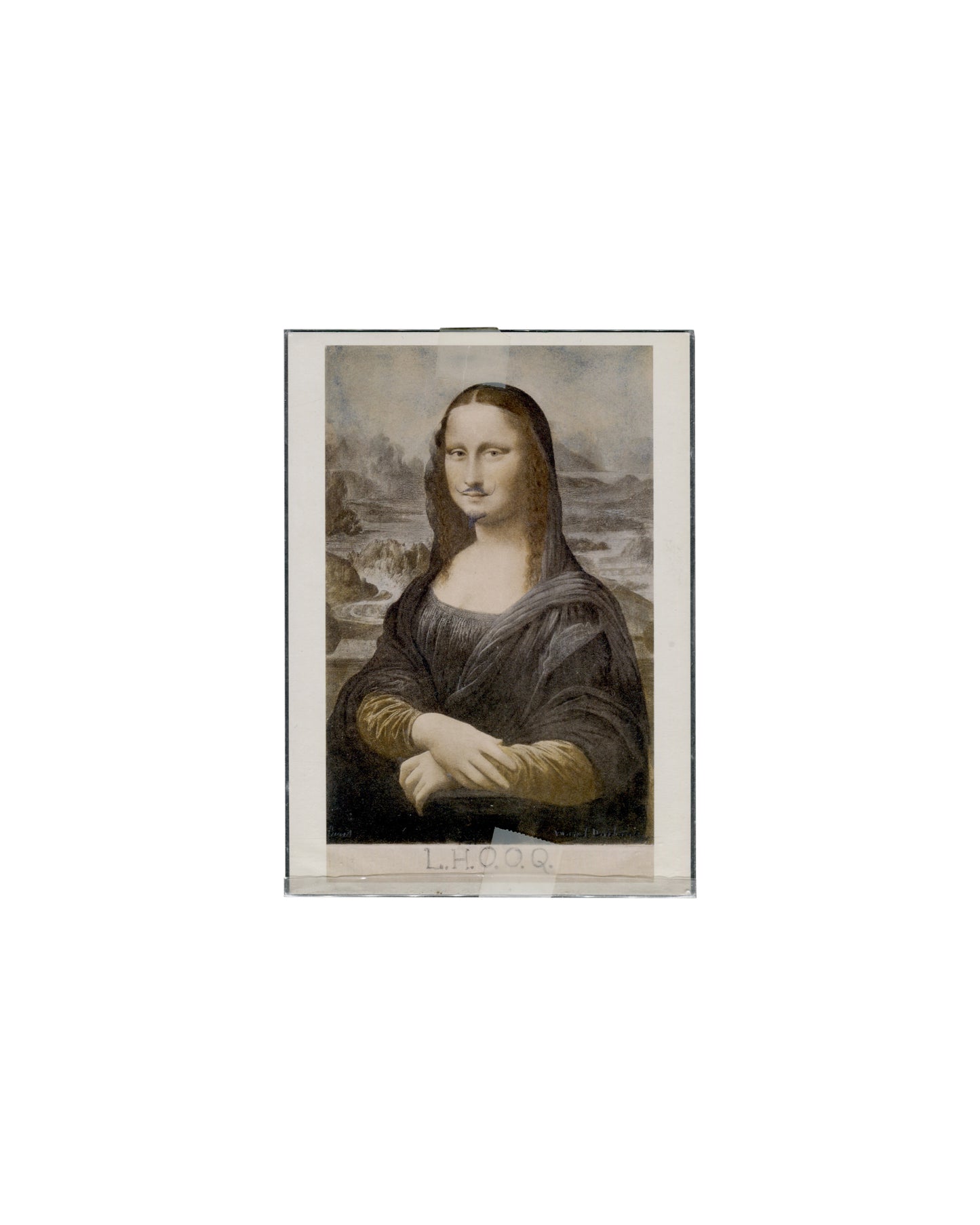 Marcel Duchamp, L.H.O.O.Q., 1919. MoMA postcard, 2006. Recto: colour reproduction of Duchamp’s rectified readymade — a commercially printed Mona Lisa with pencil moustache and goatee added to the figure’s upper lip and chin; warm sepia and grey tones; landscape background visible; ‘L.H.O.O.Q.’ inscribed in pencil in capitals along the lower edge of the image. Retained in a transparent protective sleeve.