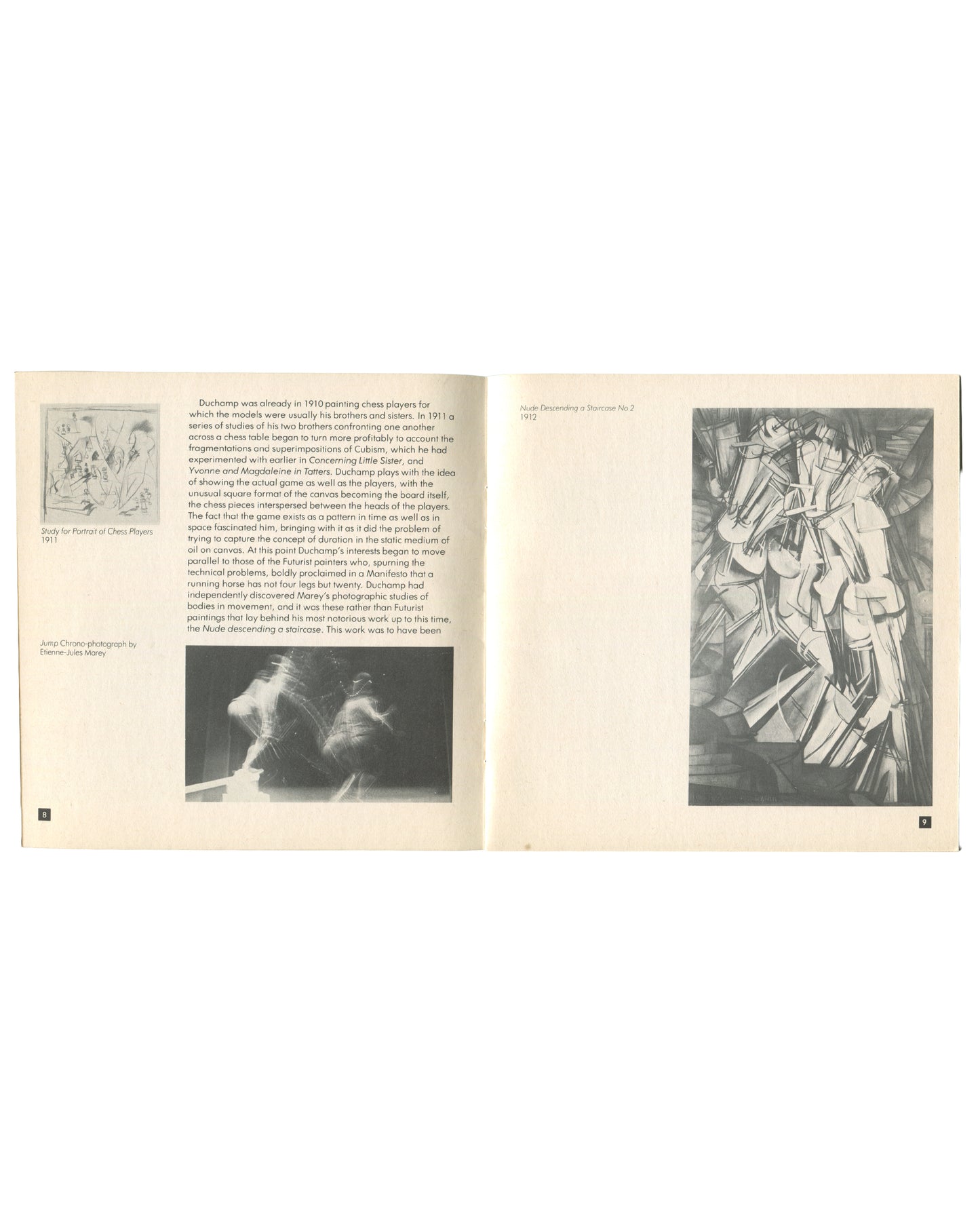 Interior spread, Marcel Duchamp's Travelling Box, Arts Council of Great Britain, London, 1982. Pages 6–9 visible. Left page: text on Duchamp painting chess players 1910–11; black-and-white reproduction lower left — 'Study for Portrait of Chess Players, 1911'; below: Étienne-Jules Marey chrono-photograph of figures in motion. Right page: full-page black-and-white reproduction — 'Nude Descending a Staircase No. 2, 1912'; fragmented Cubist-Futurist figure descending, diagonal composition.