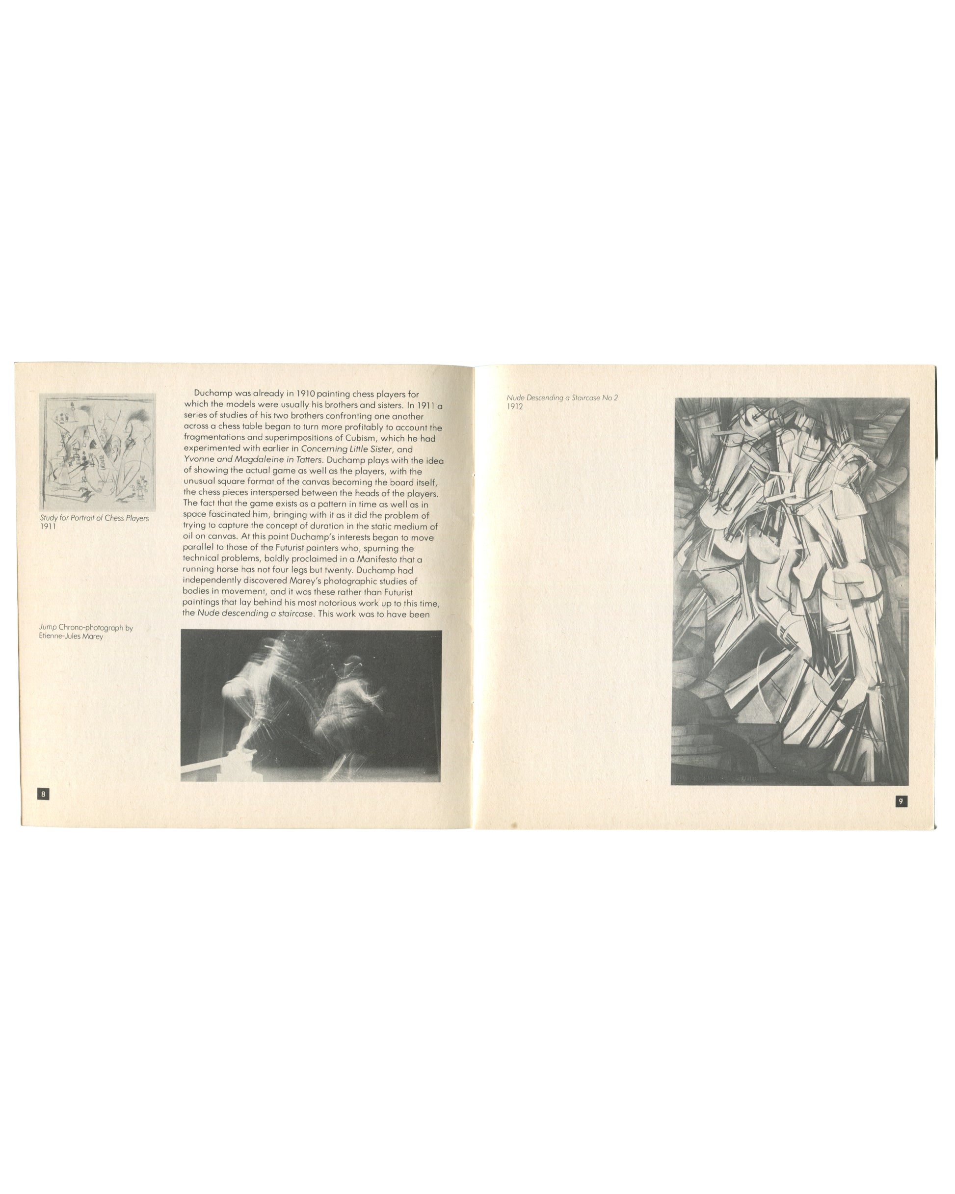 Interior spread, Marcel Duchamp's Travelling Box, Arts Council of Great Britain, London, 1982. Pages 6–9 visible. Left page: text on Duchamp painting chess players 1910–11; black-and-white reproduction lower left — 'Study for Portrait of Chess Players, 1911'; below: Étienne-Jules Marey chrono-photograph of figures in motion. Right page: full-page black-and-white reproduction — 'Nude Descending a Staircase No. 2, 1912'; fragmented Cubist-Futurist figure descending, diagonal composition.