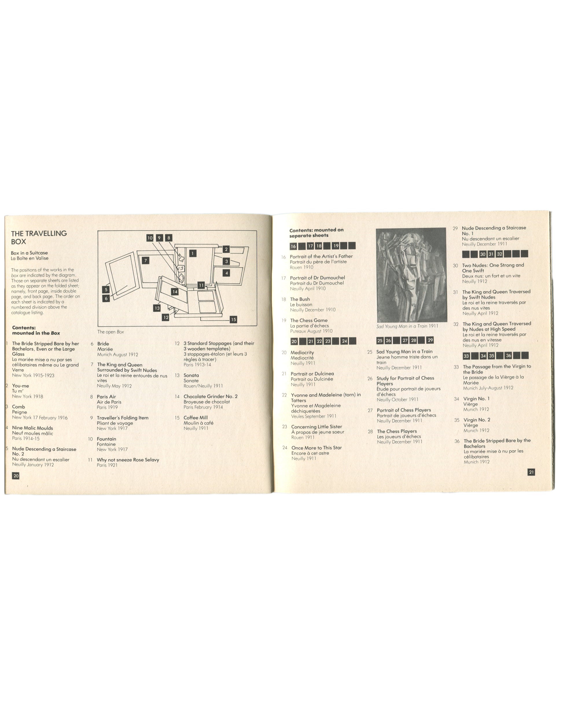 Interior spread, Marcel Duchamp's Travelling Box, Arts Council of Great Britain, London, 1982. Pages 6–9 visible. Left page: text on Duchamp painting chess players 1910–11; black-and-white reproduction lower left — 'Study for Portrait of Chess Players, 1911'; below: Étienne-Jules Marey chrono-photograph of figures in motion. Right page: full-page black-and-white reproduction — 'Nude Descending a Staircase No. 2, 1912'; fragmented Cubist-Futurist figure descending, diagonal composition.