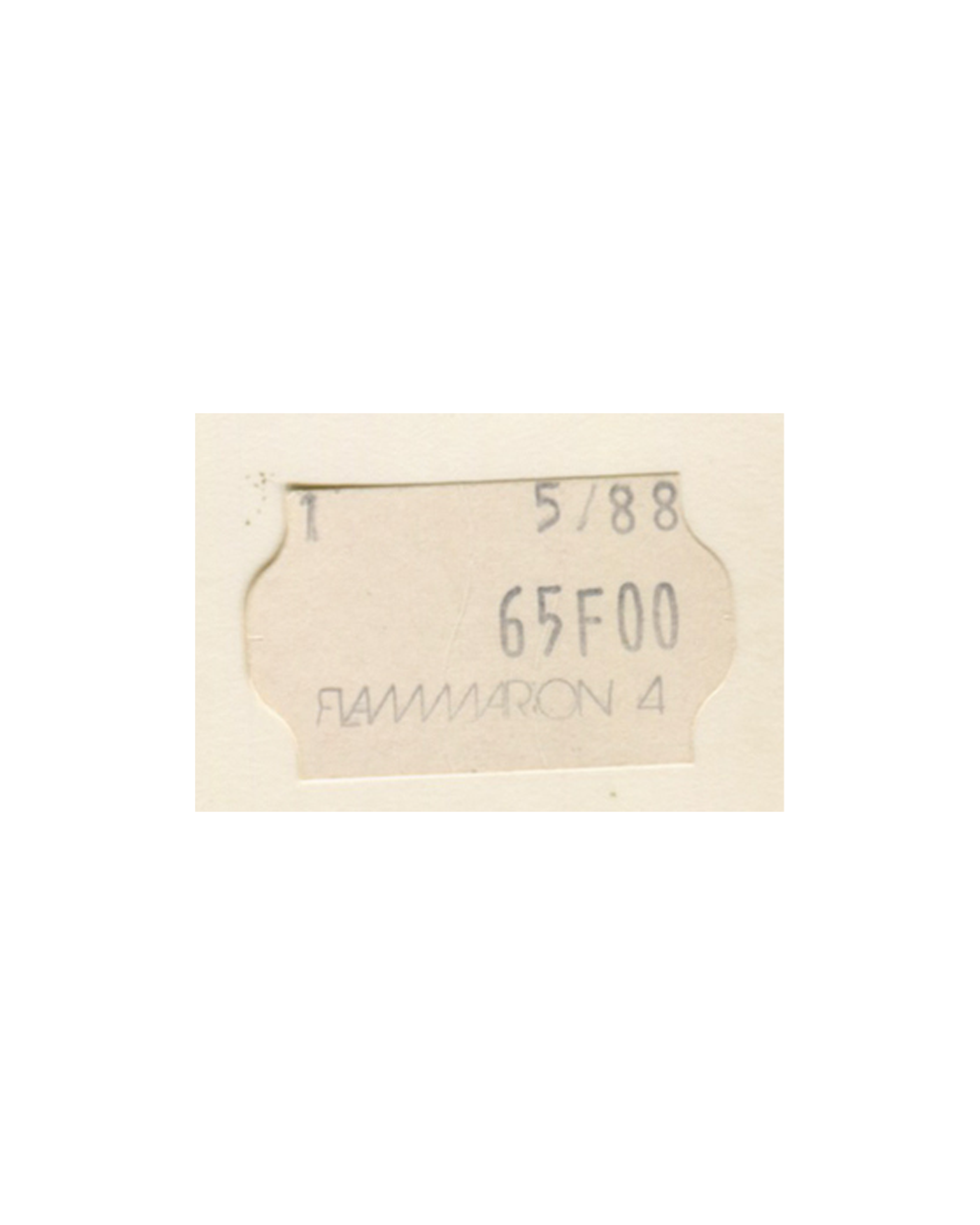 Marcel Duchamp, Duchamp, Jean-Christophe Bailly, Roman Cieslewicz, Fernand Hazan, 1984, detail of Flammarion retail price label, 65F, 5/88