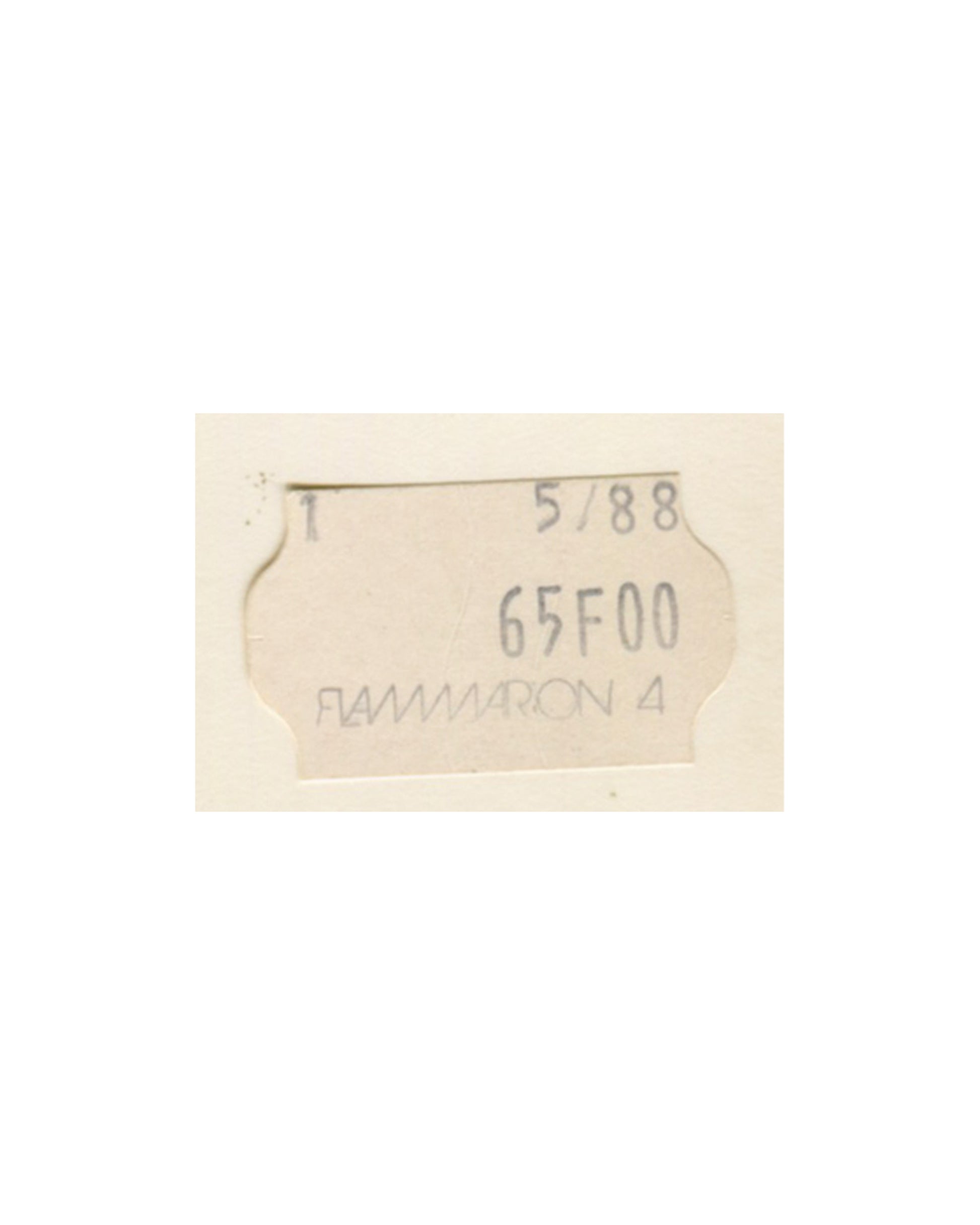 Flammarion retail price label, 65F00, dated 5/88, retained to rear wrapper of Duchamp, Fernand Hazan, 1984