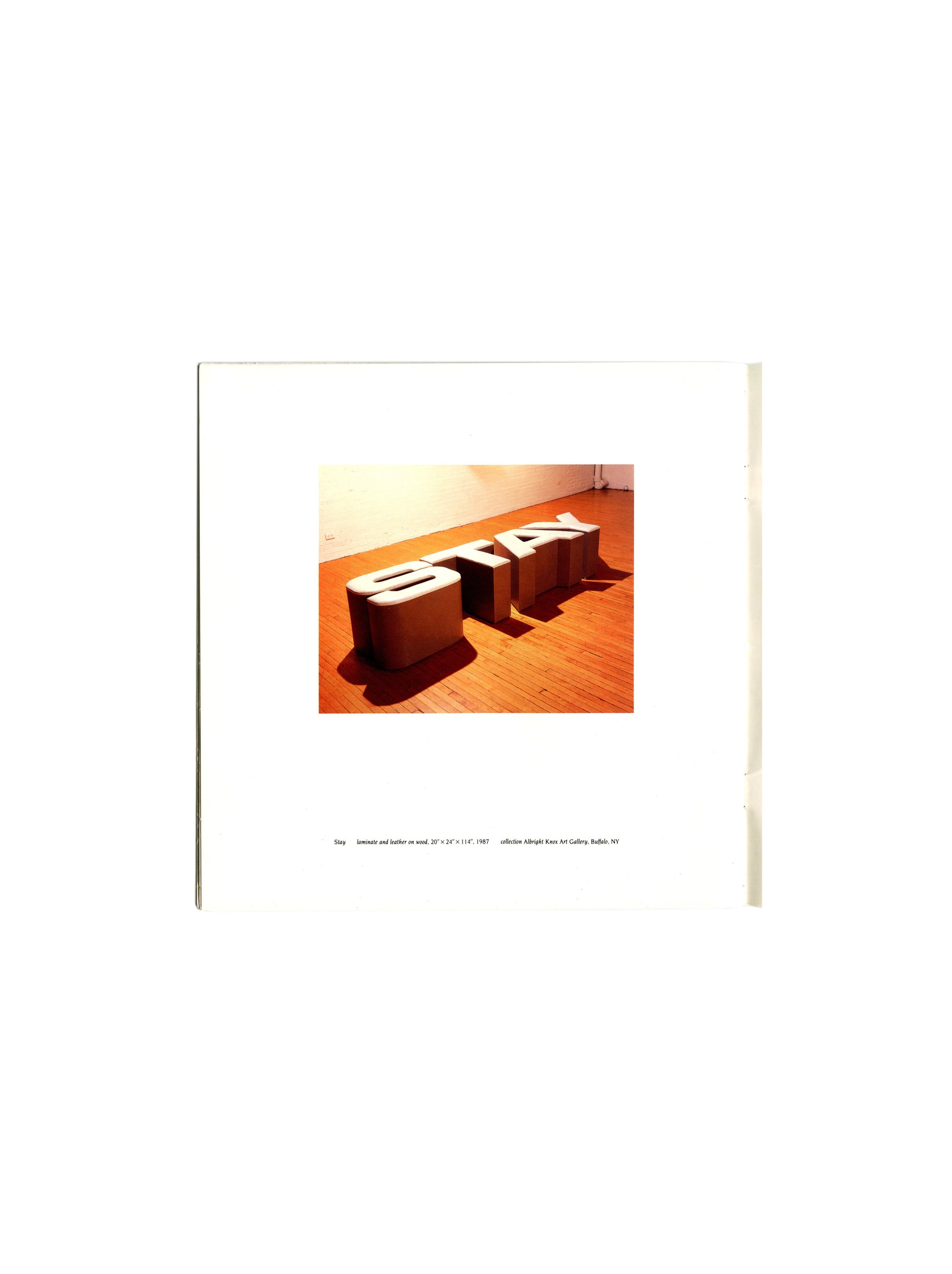Stop Yelling at Me catalogue plate: Nancy Dwyer, Stay, laminate and leather on wood, 1987, Albright-Knox Art Gallery 