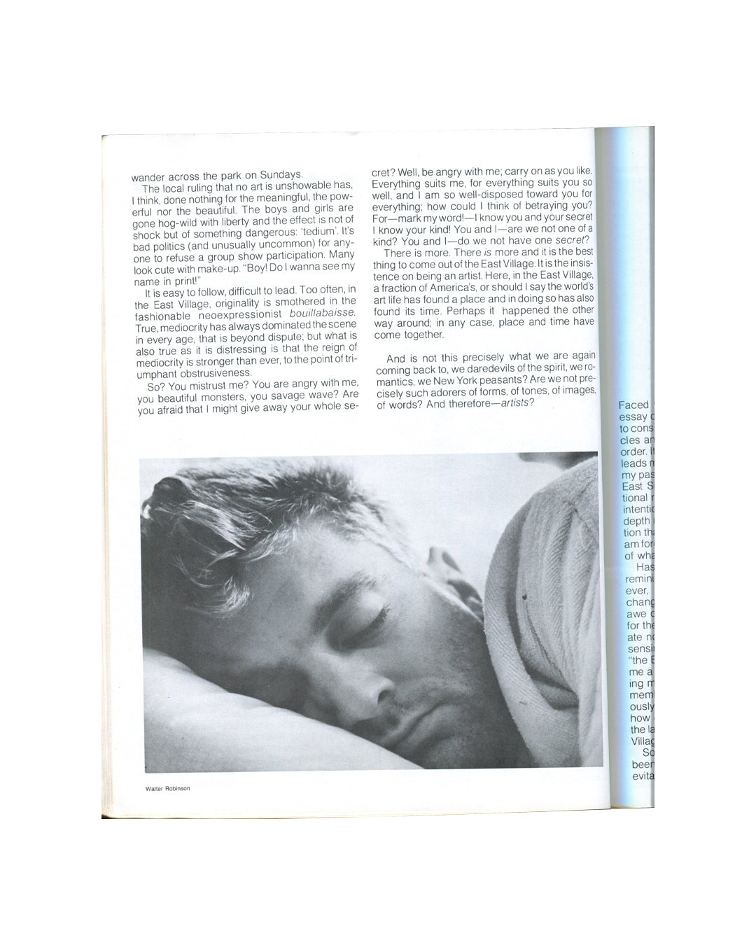 East Village '85: A Guide. A Documentary, 1985. Interior spread: scene portraits and period advertisement. Left column: three black-and-white photographs — Peggy Cyphers of M-13; Keiko Beiro of Piezo Electric; Greer Lankton of Civilian Warfare. Right: full-page advertisement for Enelra — Intimate Apparel for Women and Men, 48½ East Seventh Street, New York City — featuring a woman in black lace lingerie, signed 'Enelra' in script. Downtown New York, 1980s art scene, commercial document.