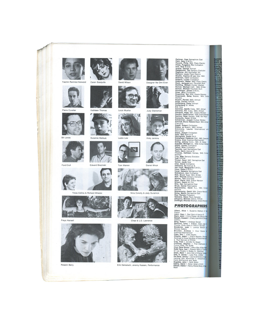 East Village '85: A Guide. A Documentary, 1985. Interior spread: scene portraits and period advertisement. Left column: three black-and-white photographs — Peggy Cyphers of M-13; Keiko Beiro of Piezo Electric; Greer Lankton of Civilian Warfare. Right: full-page advertisement for Enelra — Intimate Apparel for Women and Men, 48½ East Seventh Street, New York City — featuring a woman in black lace lingerie, signed 'Enelra' in script. Downtown New York, 1980s art scene, commercial document.
