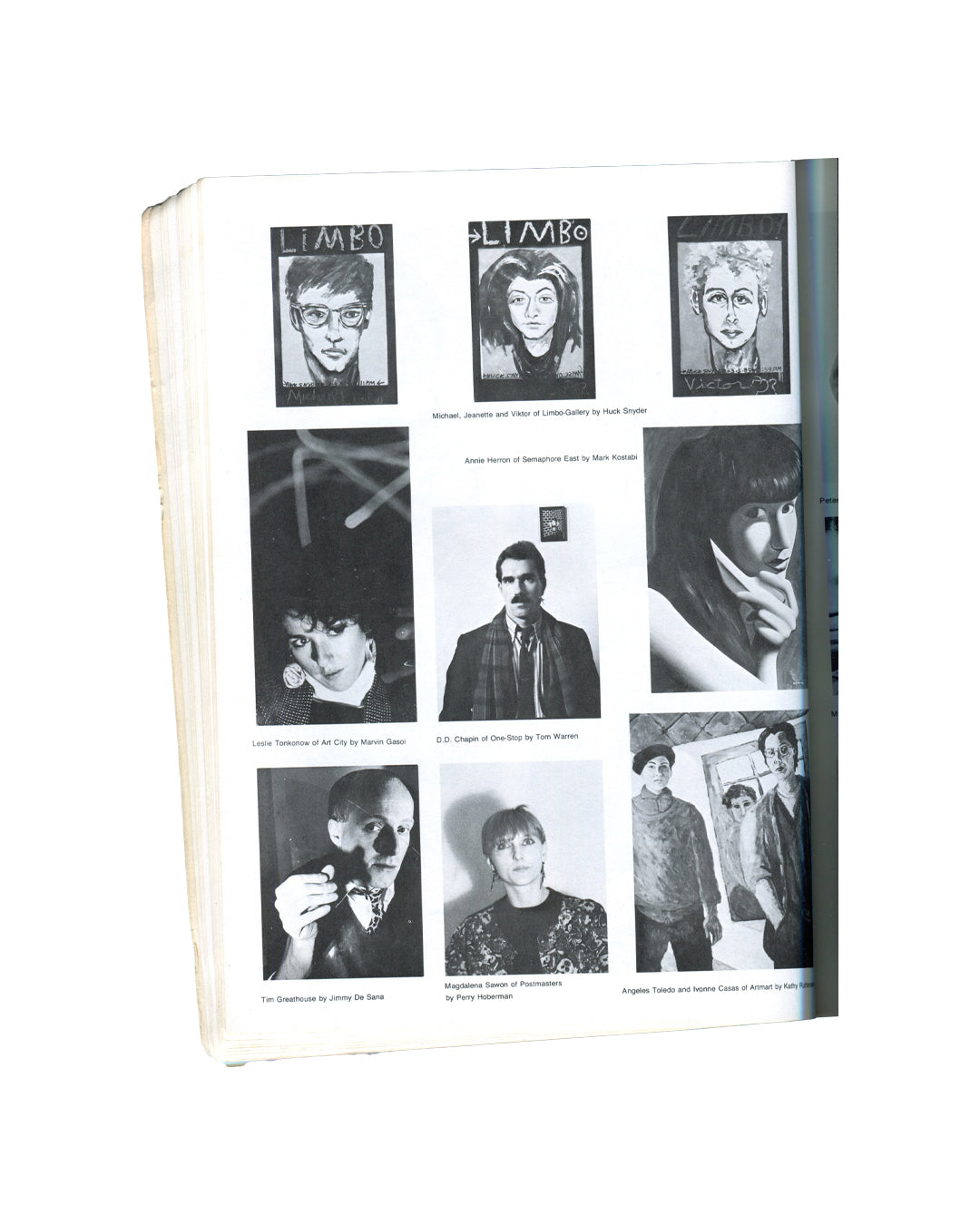 East Village '85: A Guide. A Documentary, 1985. Interior spread: portrait directory and index pages. Left: grid of black-and-white portrait photographs of East Village figures — Yasmin Ramirez-Harwood, Caten Scarpulla, David Wilson, Designer Nix Om Evan, Pierre Cuvetier, Kathleen Thomas, Louis Mueller, Judy Glantzman, Bill Jones, Suzanne Mallouk, Leslie Lew, Kiely Jenkins, Ford Crull, Edward Brezinski, Tom Warren, Daniel Wnuk, Tricia Collins & Richard Milazzo, Nina Conoly & Judy Guralinick, Freya Hansell, C