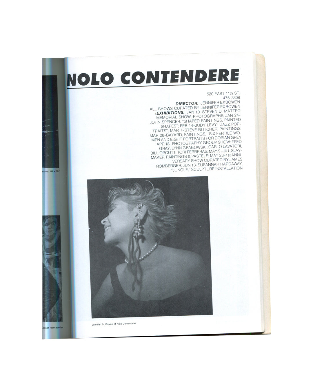 East Village '85: A Guide. A Documentary, 1985. Interior page: Nolo Contendere gallery listing. 520 East 11th St. Director: Jennifer Exbowen. All shows curated by Jennifer Exbowen. Exhibitions listed: Steven Di Matteo, John Spencer, Judy Levy, Steve Butcher, Bayard, James Romberger, Susannah Hardaway 'Jungle' sculpture installation. Below: black-and-white portrait photograph captioned 'Jennifer Ex Bowen of Nolo Contendere' — woman in profile, large drop earrings, pearl necklace, bare-shouldered, smiling,