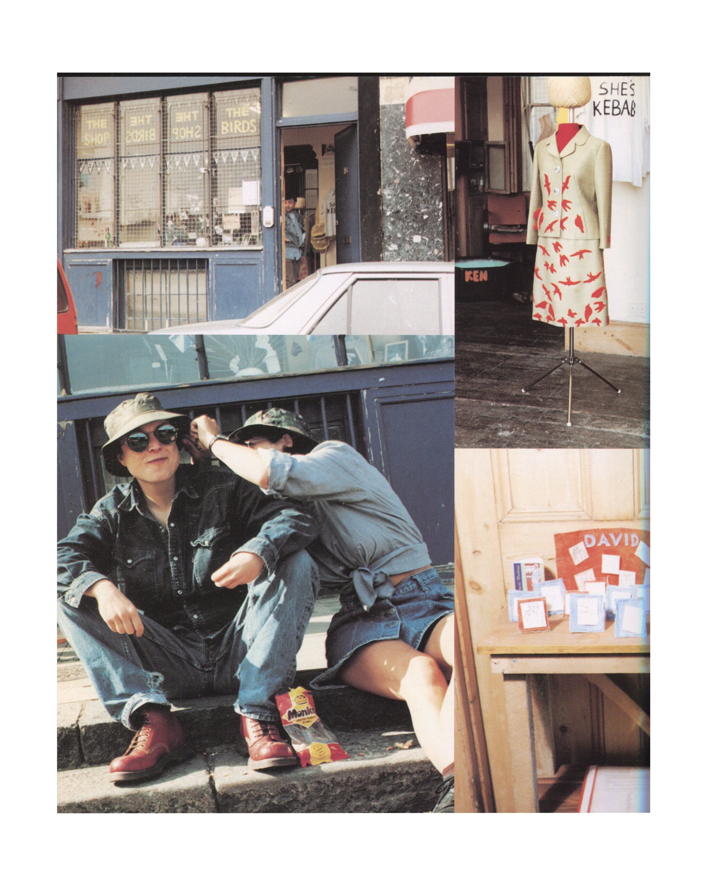Tracey Emin — I Need Art Like I Need God, 1998. Interior spread: three documentary photographs of The Shop, Bethnal Green Road, London, run by Tracey Emin and Sarah Lucas, 1993. Top left: exterior of The Shop / The Birds with window text. Bottom left: Emin and Lucas seated on steps outside, wearing bucket hats and denim, eating crisps. Top right: mannequin in bird-print dress labelled 'She's Kebab'. Bottom right: wooden table with items labelled 'David'. YBA, Tracey Emin, Sarah Lucas,