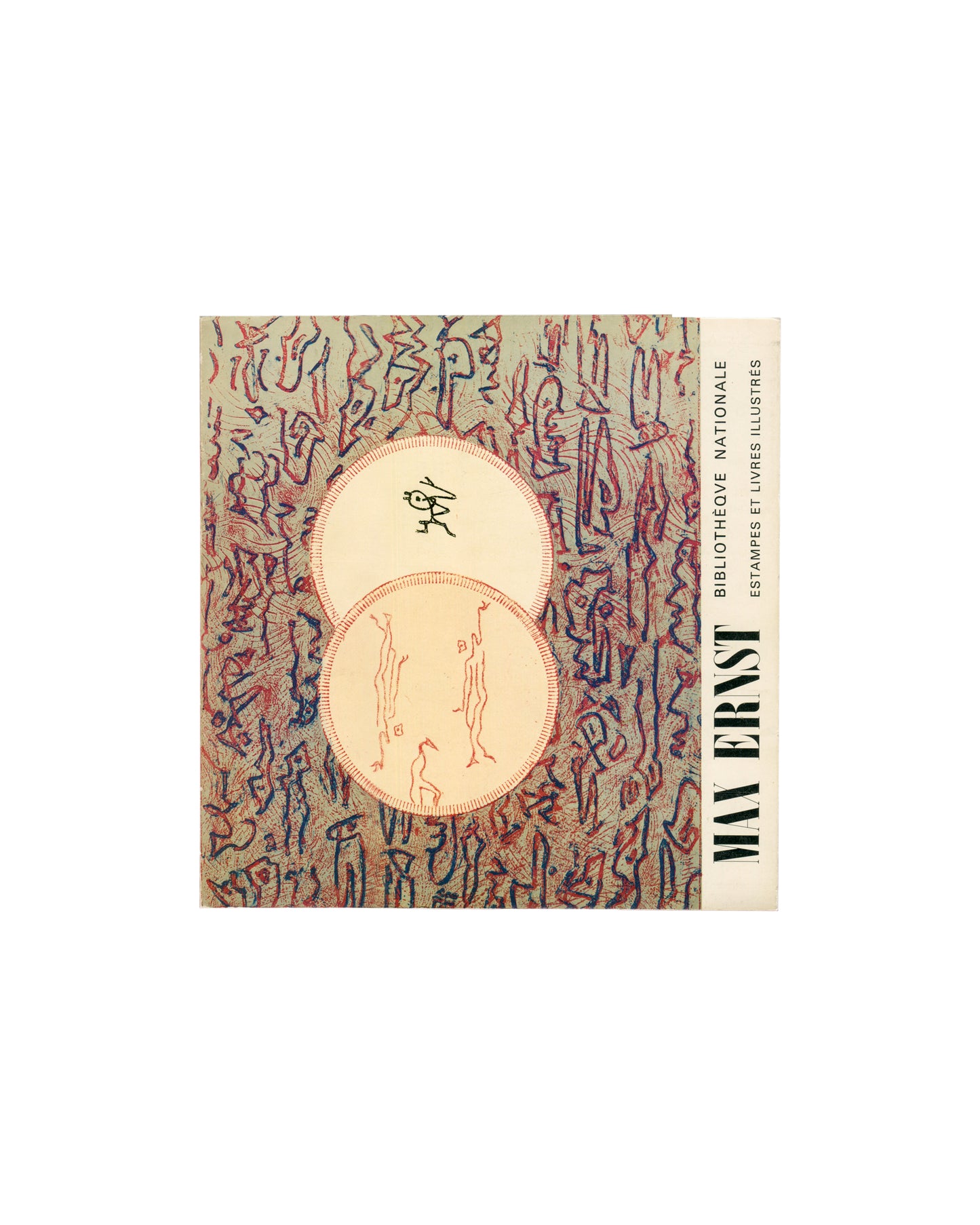Max Ernst, Bibliothèque Nationale Paris, catalogue cover, two oval forms over frottage field, 1975