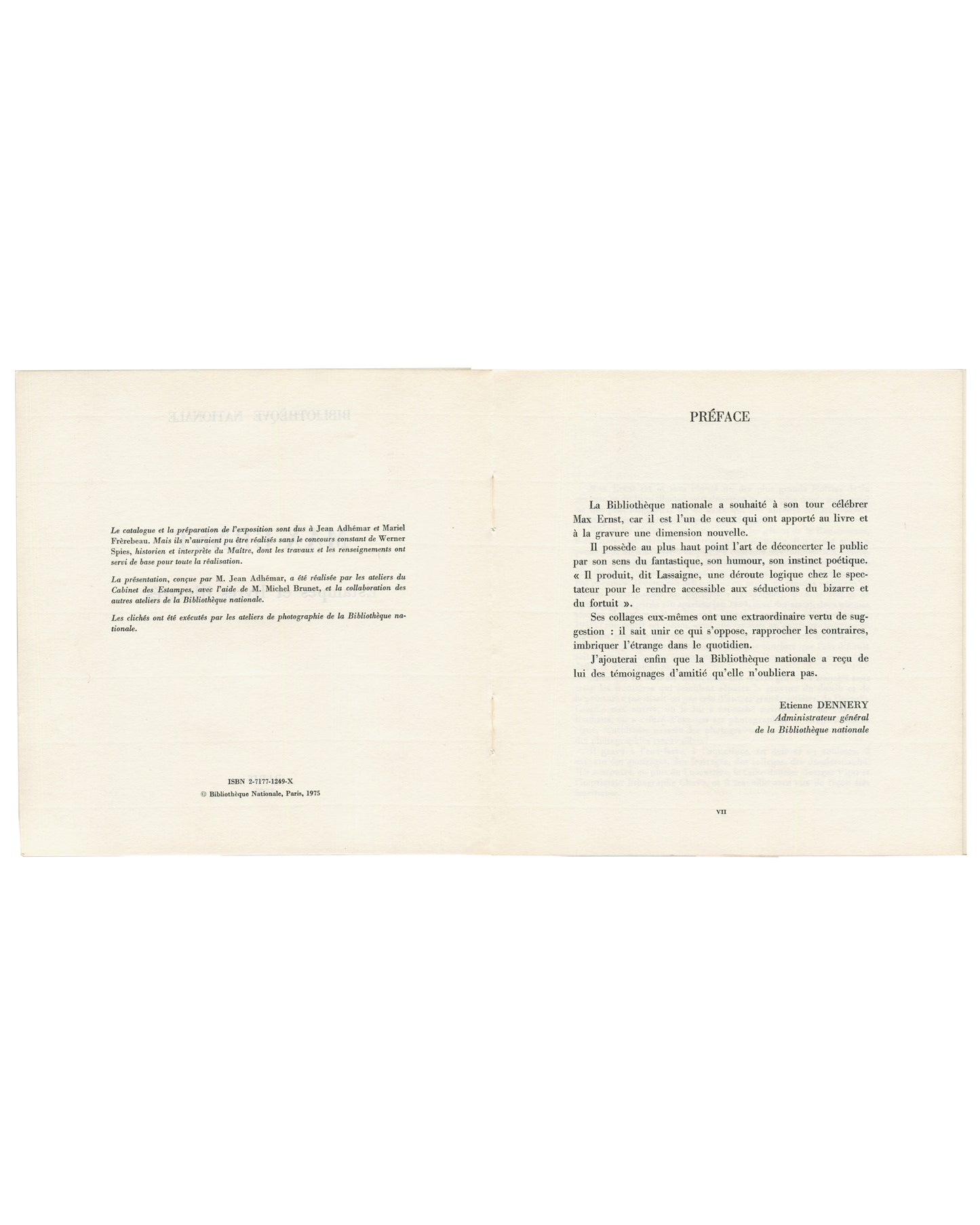 Max Ernst, Bibliothèque Nationale Paris, interior spread, credits verso and preface, 1975