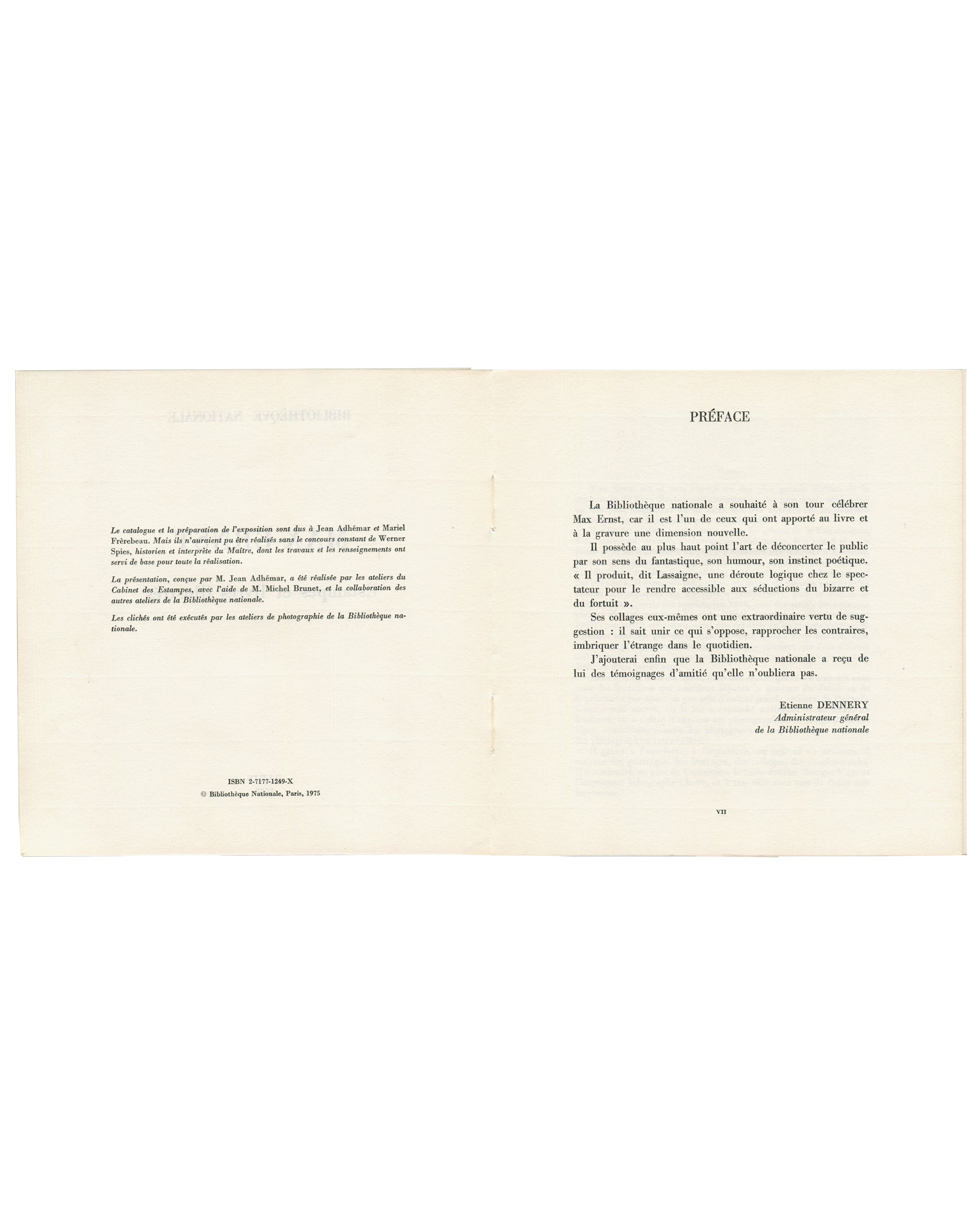 Max Ernst, Bibliothèque Nationale Paris, interior spread, credits verso and preface, 1975