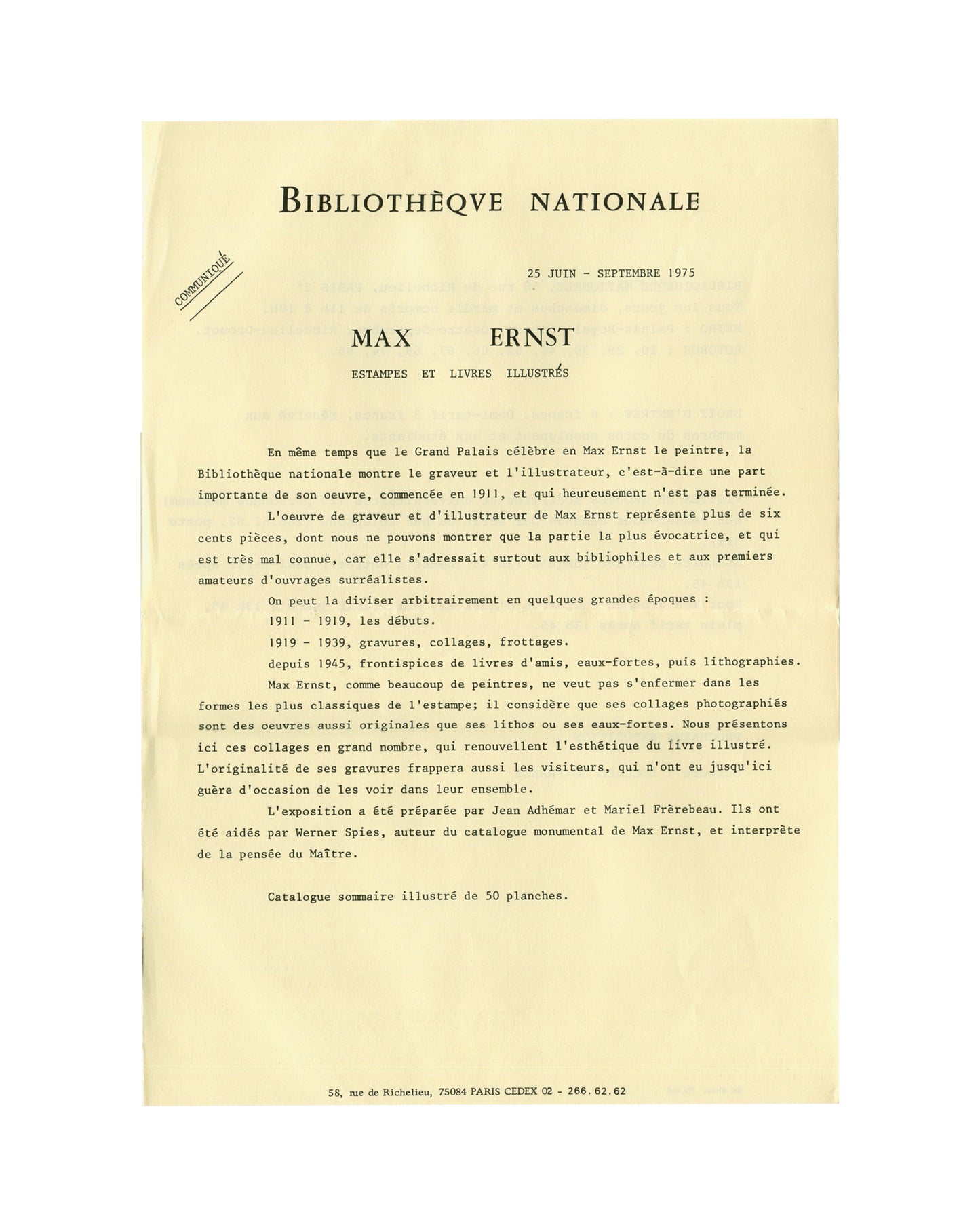 Max Ernst, Bibliothèque Nationale Paris, press communiqué recto, Estampes et Livres Illustrés, 1975