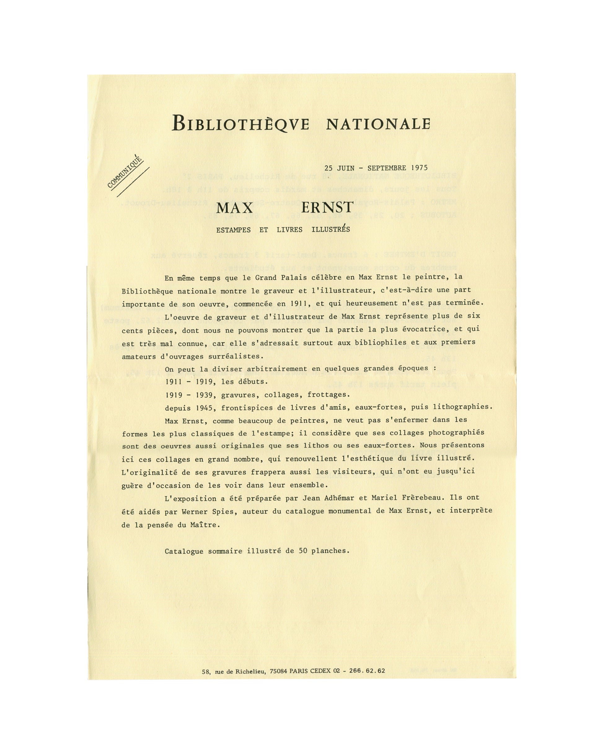 Max Ernst, Bibliothèque Nationale Paris, press communiqué recto, Estampes et Livres Illustrés, 1975