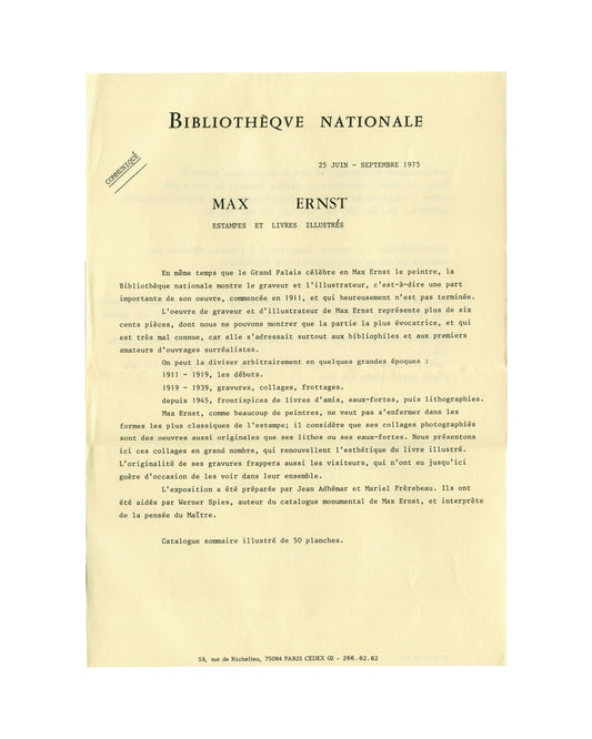 Max Ernst, Bibliothèque Nationale Paris, press communiqué recto, Estampes et Livres Illustrés, 1975