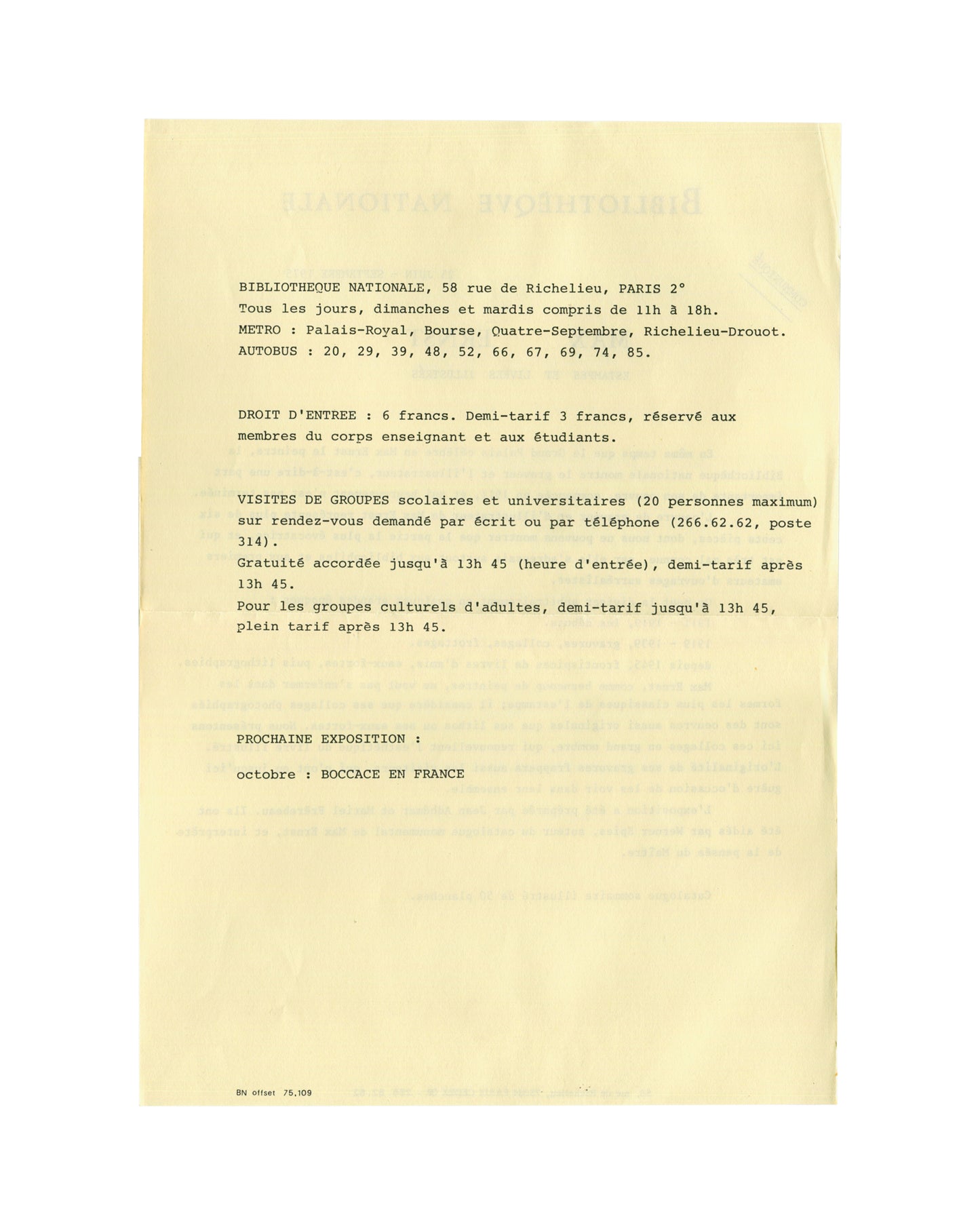 Max Ernst, Bibliothèque Nationale Paris, press communiqué verso, visitor information, 1975