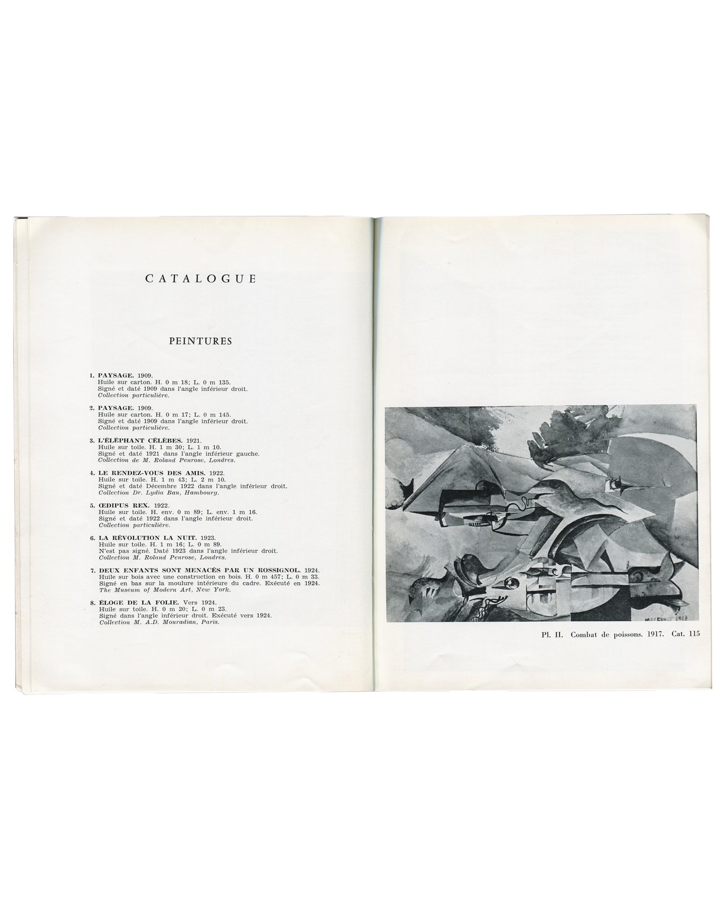 Interior — Catalogue / Peintures spread Max Ernst, 1959. Interior: CATALOGUE / PEINTURES (left), works 1–8 listed; Combat de poissons, 1917 plate (right).