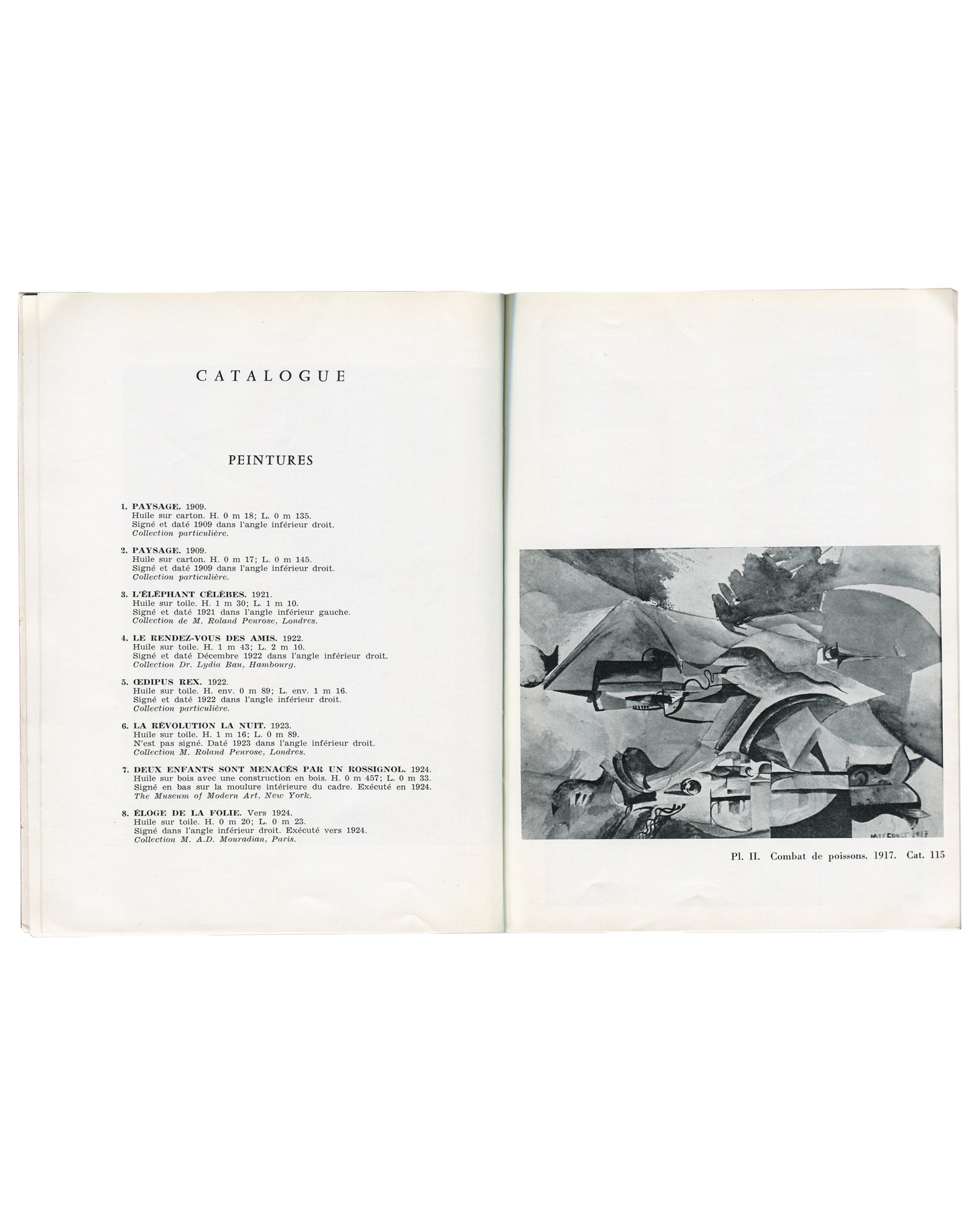 Interior — Catalogue / Peintures spread Max Ernst, 1959. Interior: CATALOGUE / PEINTURES (left), works 1–8 listed; Combat de poissons, 1917 plate (right).