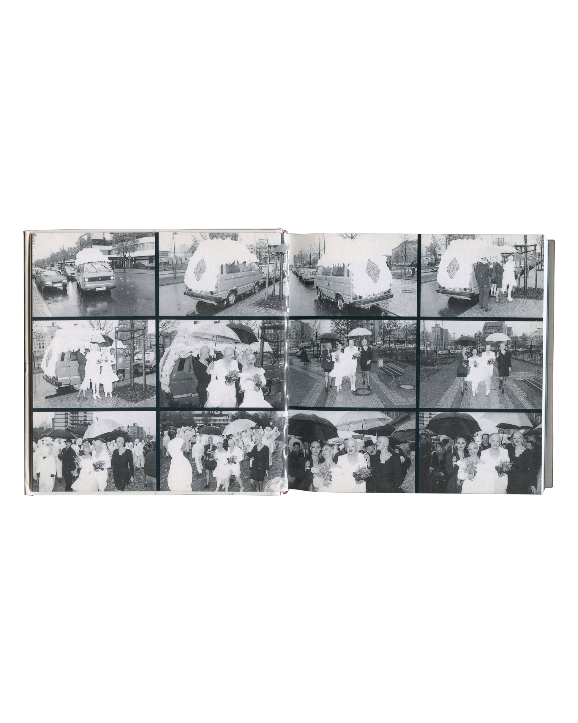 EVA & ADELE, Wherever We Are Is Museum, 1999, interior spread, black-and-white contact sheet grid, street scenes