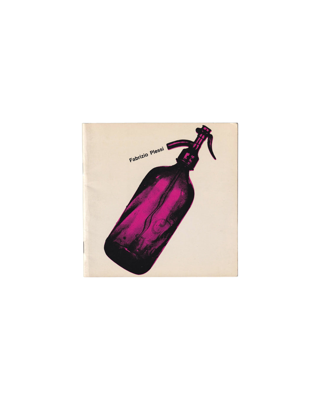 Fabrizio Plessi, Acquabiografia, exhibition catalogue cover, Centro / Galleria d'Arte Contemporanea, Turin, 1975. White cover with magenta water spray graphic and bilingual title text