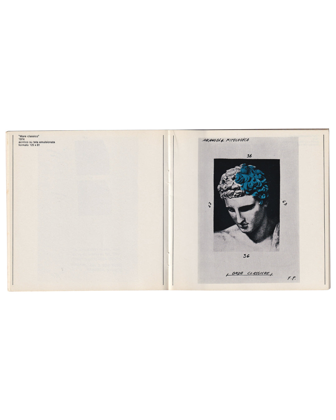 Fabrizio Plessi, Mare classico, 1974, acrylic on emulsioned canvas, 125 × 81 cm — catalogue spread from Acquabiografia, Turin 1975. Black-and-white photograph of a classical bust with turquoise colour applied to the hair, annotated with text reading "ANALOGIA MITOLOGICA", "ONDE CLASSICHE", and initials F.P.