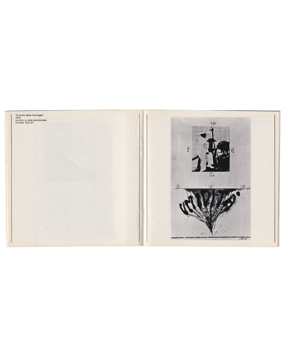 Fabrizio Plessi, Maschera antiacqua, 1974, acrylic on emulsioned canvas, 125 × 81 cm — catalogue spread from Acquabiografia, Turin 1975. Two black-and-white photographs of a figure wearing a gas mask and yellow protective gear, with handwritten text reading "In caso di alta marea / indossare antiacqua" and initials F.P.