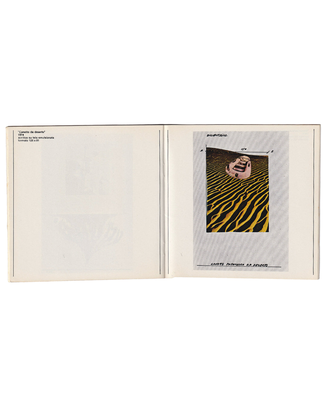 Fabrizio Plessi, Canotto da deserto, 1974, acrylic on emulsioned canvas, 125 × 81 cm — catalogue spread from Acquabiografia, Turin 1975. Colour collage of an inflatable dinghy floating on a striped yellow-and-black desert landscape, with handwritten text reading "CANOTTO PNEUMATICO DA DESERTO" and measurement annotations