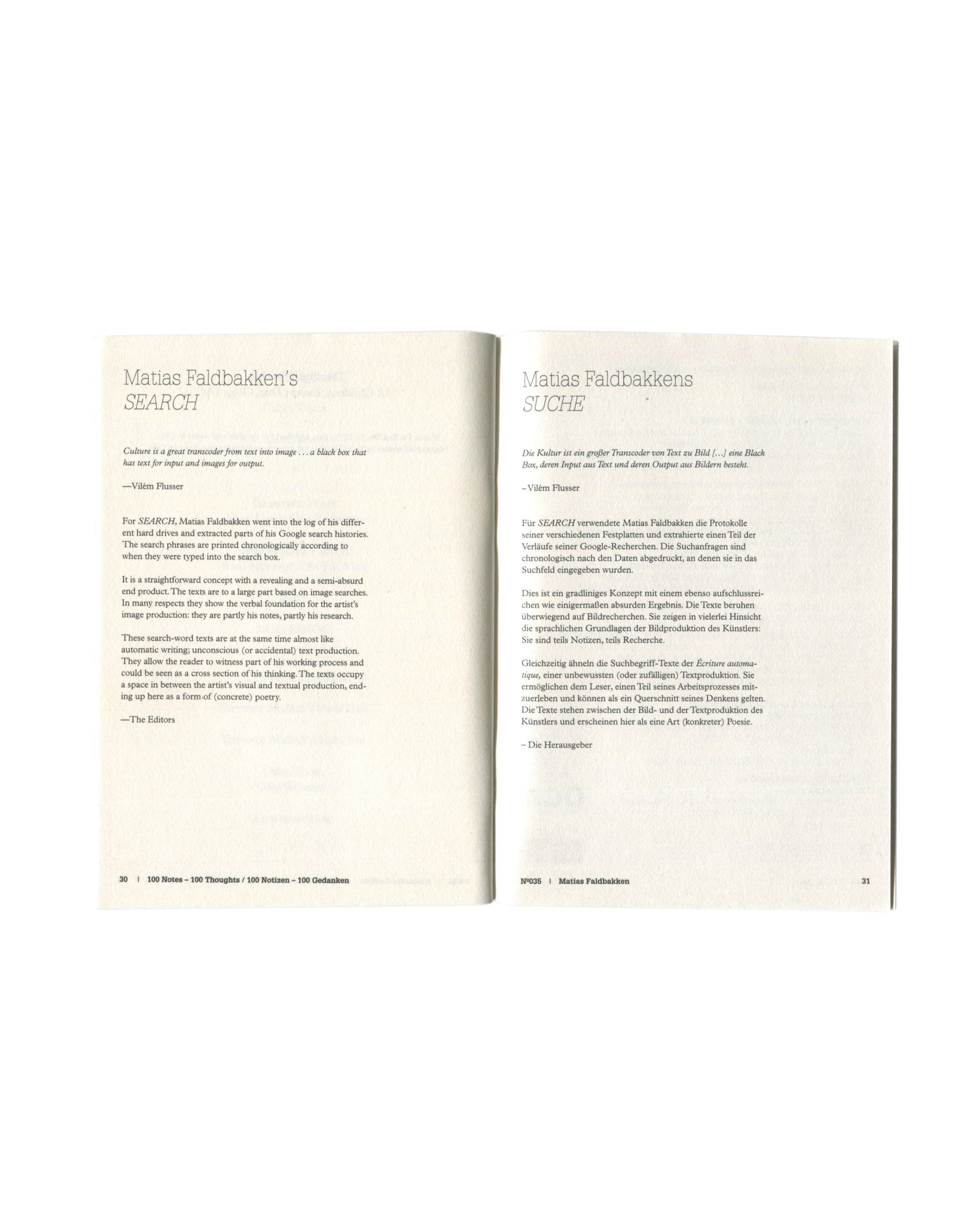 Interior spread showing bilingual editorial pages with English and German introductory texts by the editors, pages 30–31.