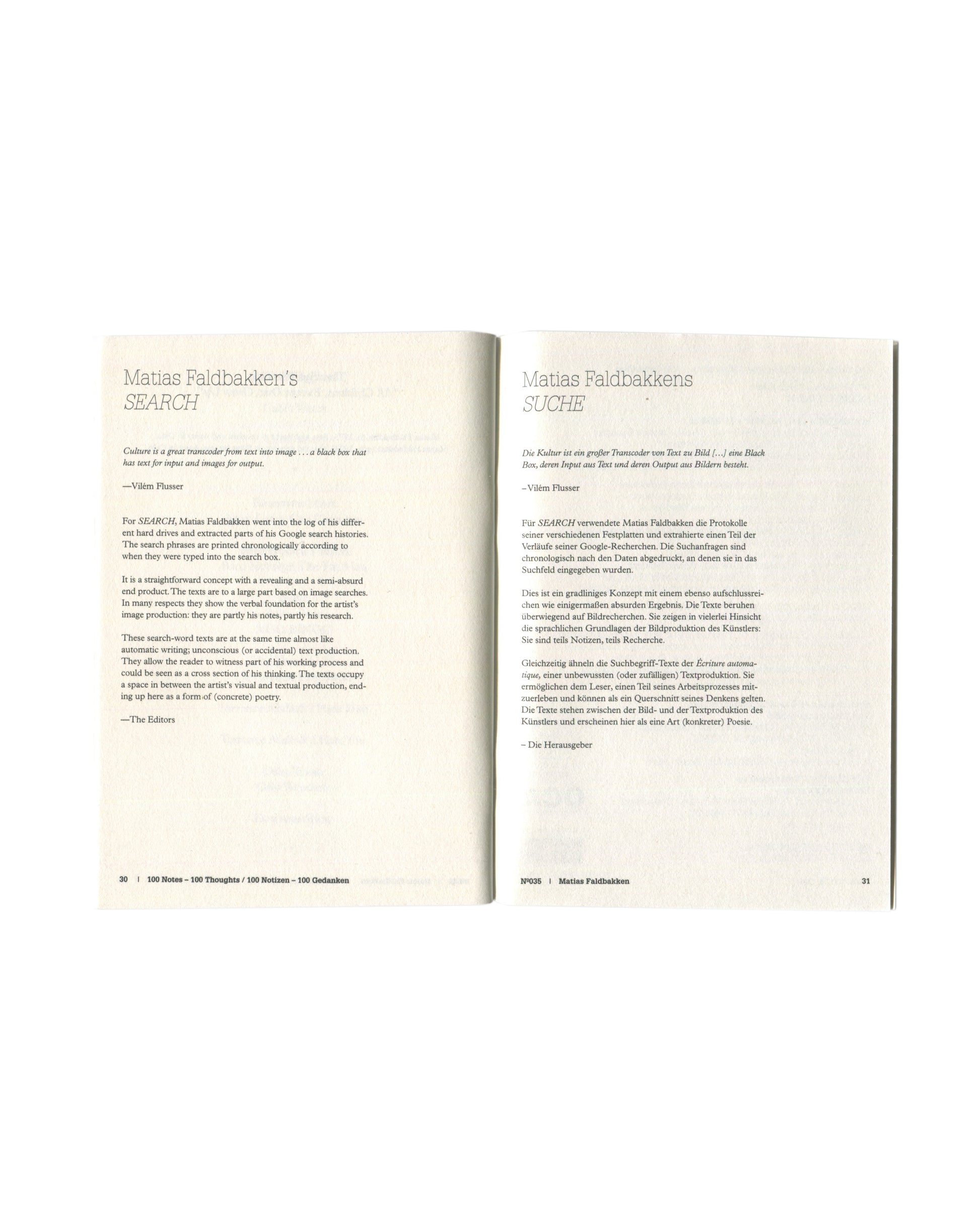 Interior spread showing bilingual editorial pages with English and German introductory texts by the editors, pages 30–31.