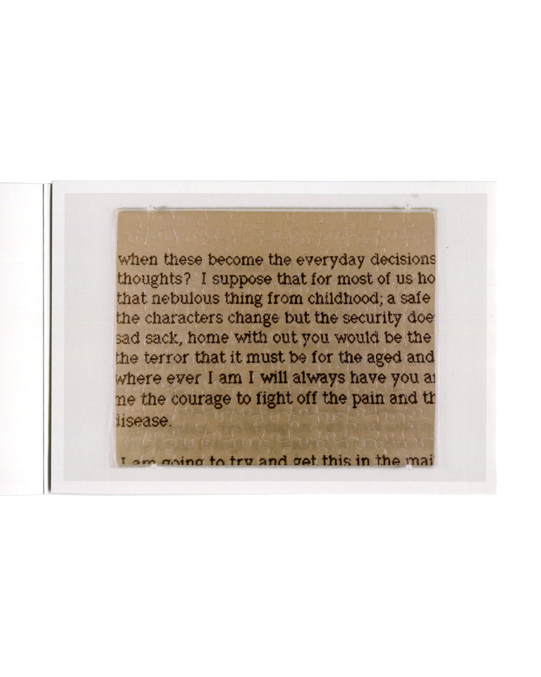  ("Untitled" (Lover's Letter), 1991): Untitled (Lover's Letter), 1991 — C-print jigsaw puzzle in plastic bag showing typewritten text on brown paper.