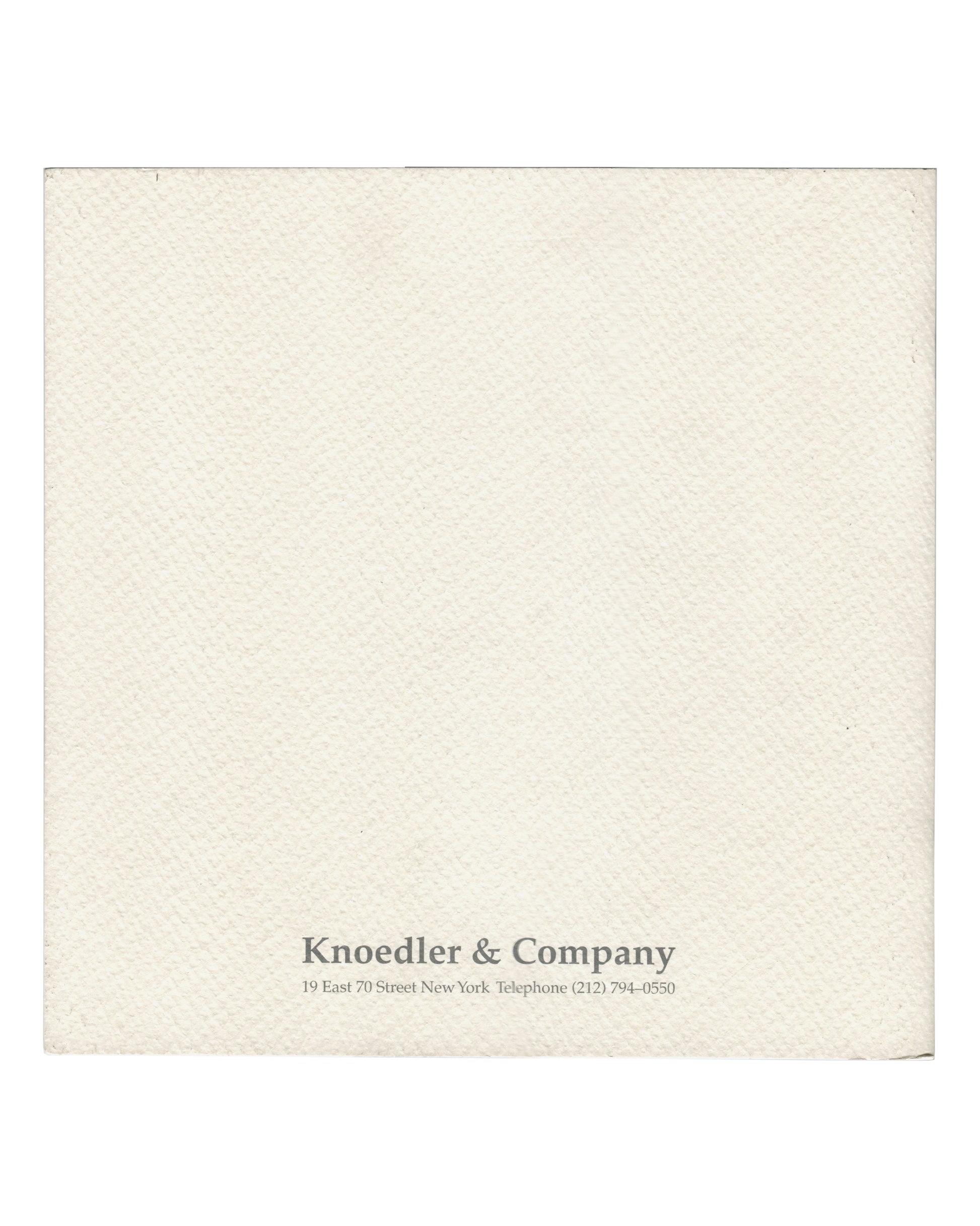 back cover — plain textured off-white card, "Knoedler & Company / 19 East 70 Street New York Telephone (212) 794–0550" in small grey serif type lower centre