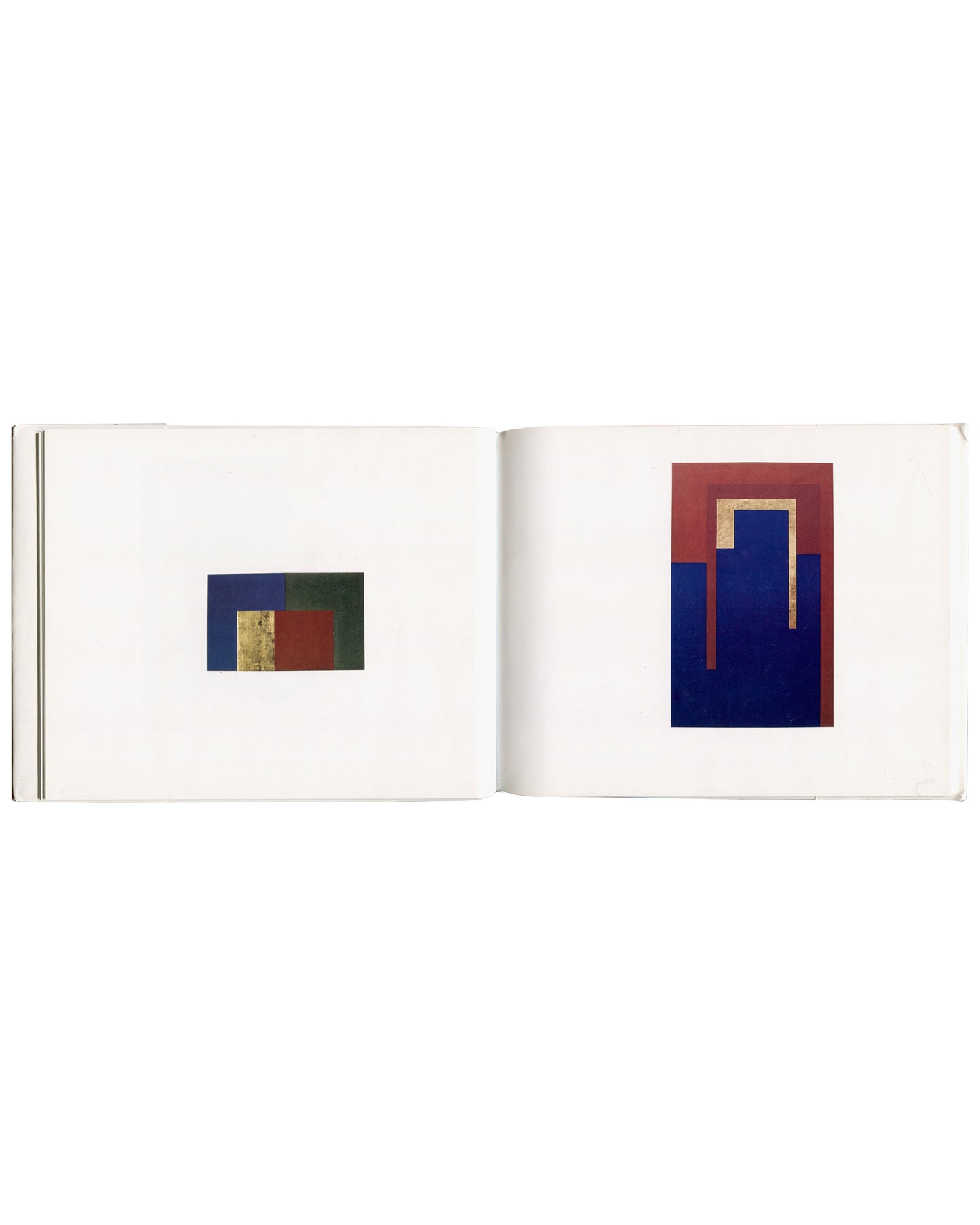 Suzan Frecon, Paintings, Richter Verlag, 1999, interior spread, two works with gold leaf, blue, dark green and deep red rectangular forms on white pages