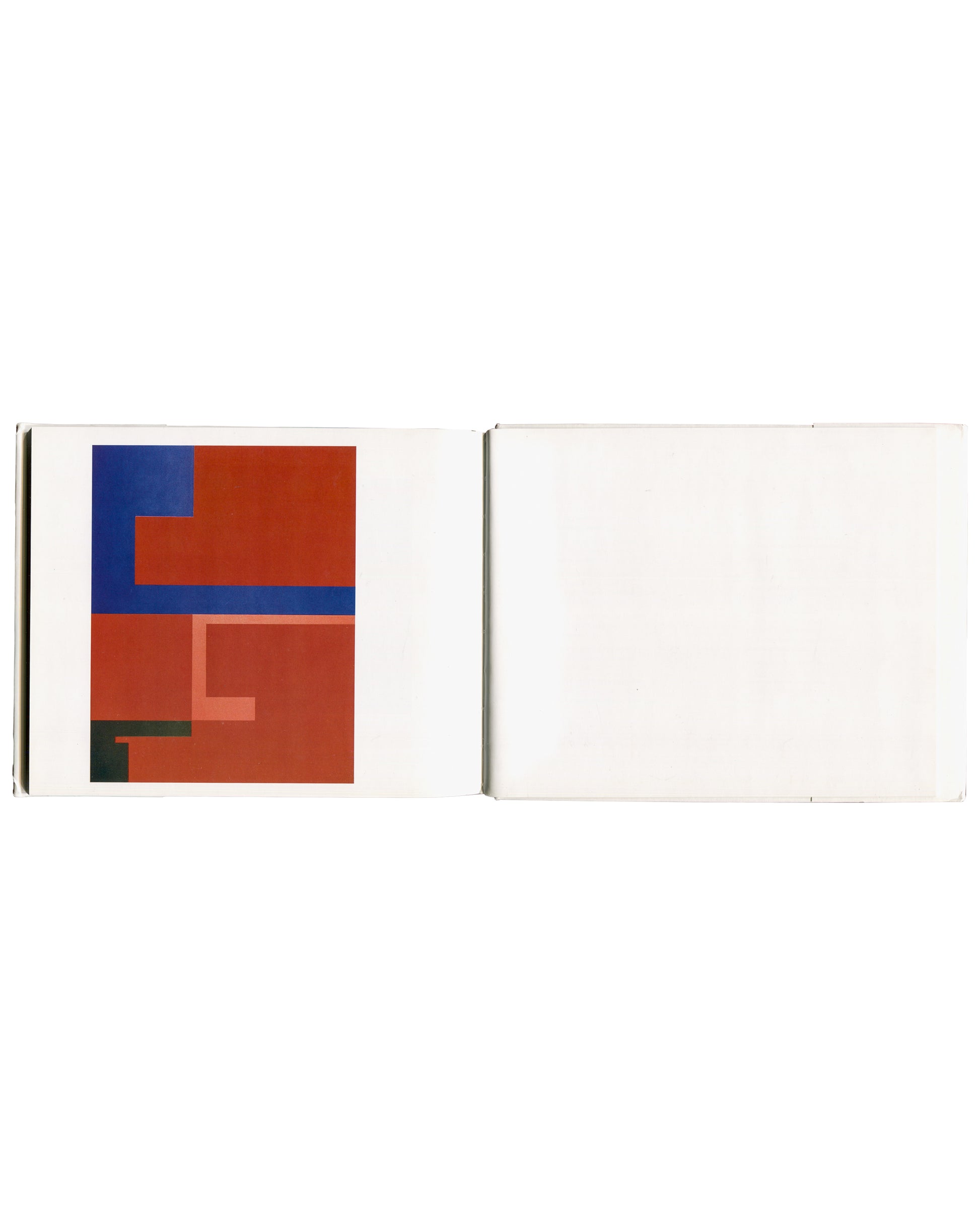Suzan Frecon, Paintings, Richter Verlag, 1999, interior spread, stepped interlocking rectangles in blue, dark green and deep red, colour reproduction on white page