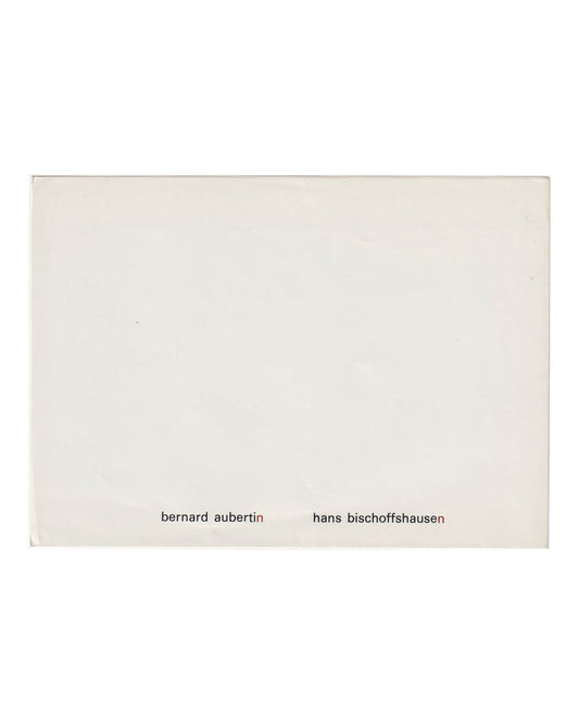 olded exhibition announcement, Galerie Heide Hildebrand, Klagenfurt, 1967. Exterior face with names Bernard Aubertin and Hans Bischoffshausen in lowercase type, brown-mauve accent on the letter n in each surname.