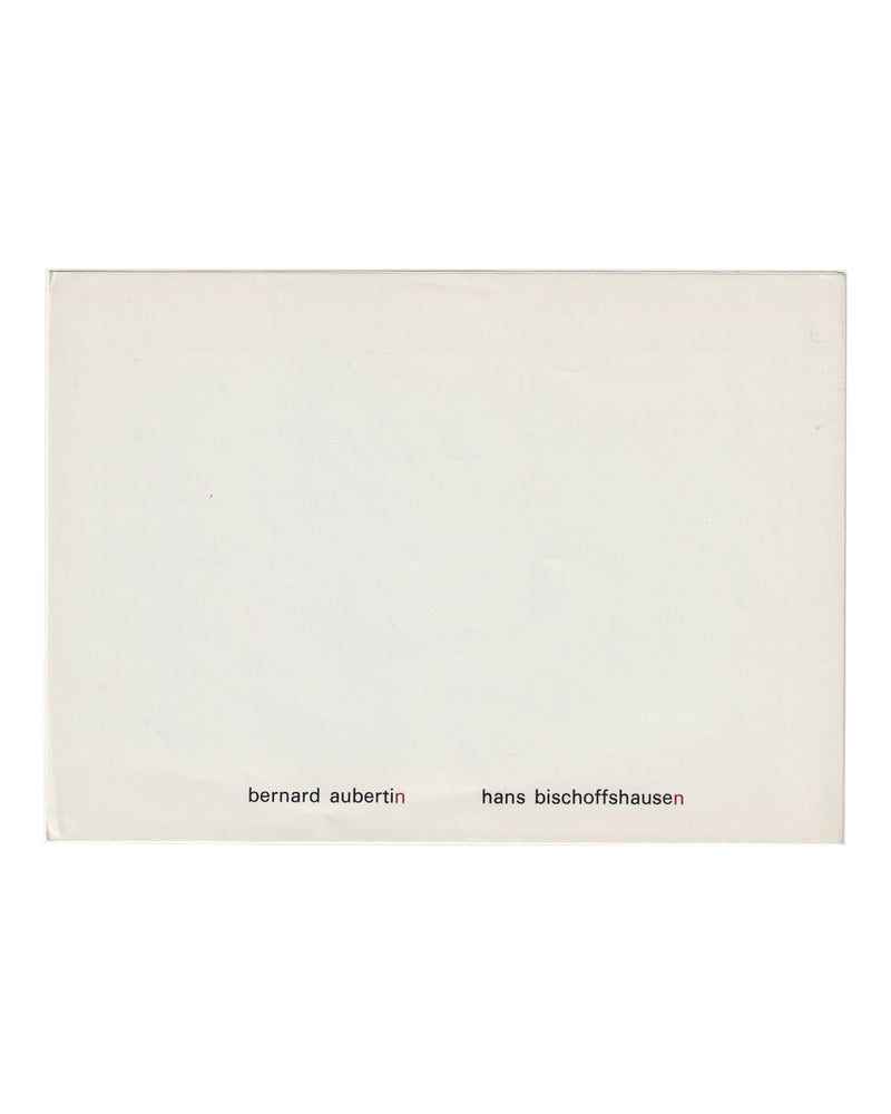 olded exhibition announcement, Galerie Heide Hildebrand, Klagenfurt, 1967. Exterior face with names Bernard Aubertin and Hans Bischoffshausen in lowercase type, brown-mauve accent on the letter n in each surname.