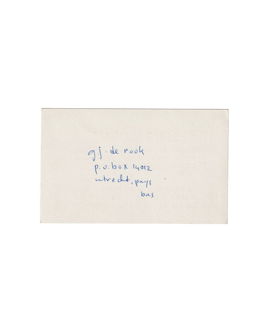 (exhibition card/back):

Handwritten address card in blue ink reading: G.J. de Rook, P.O. Box 14012, Utrecht, Pays-Bas