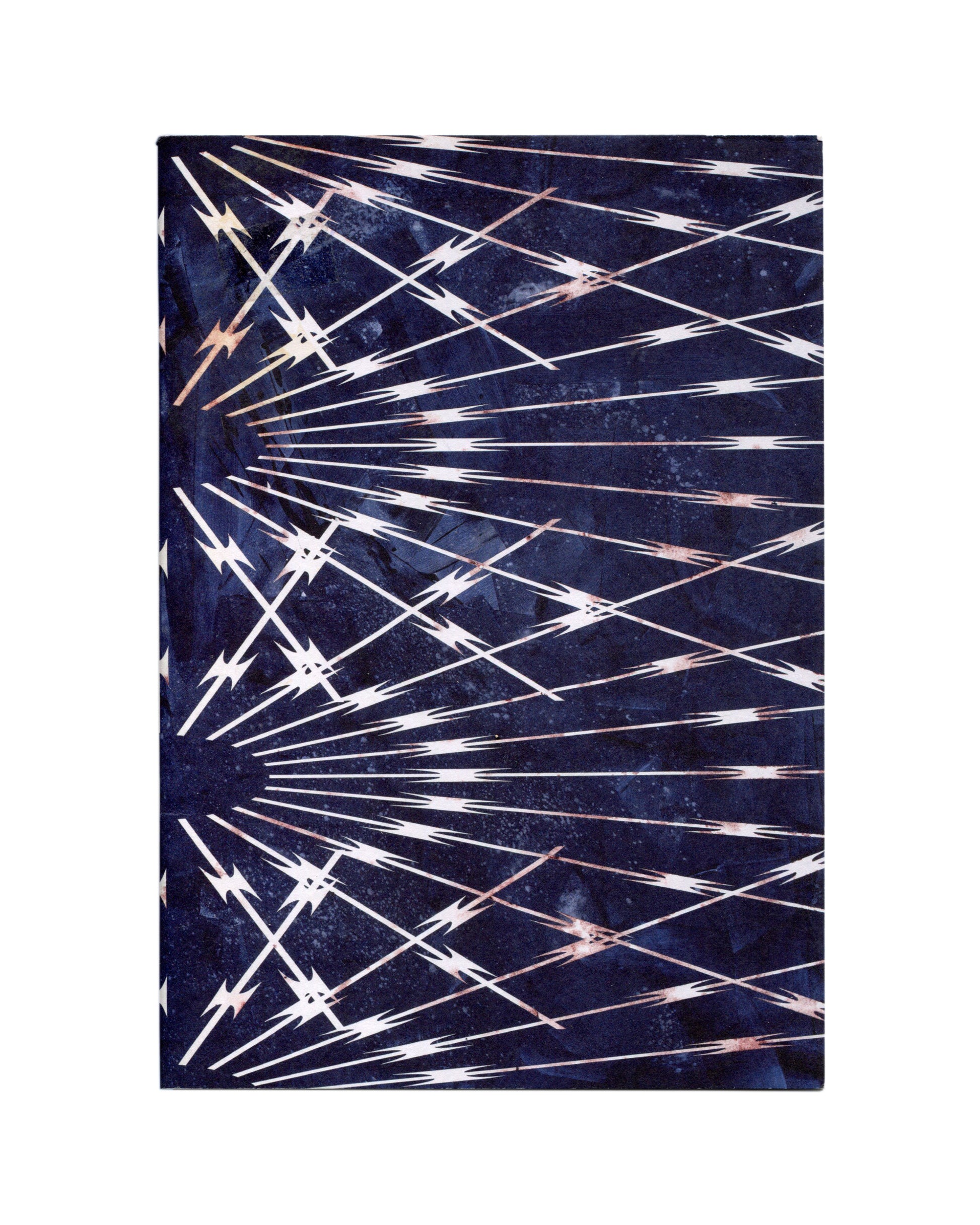 AlphaBête, Kendell Geers, navy ground, crossing white barbed-wire lines radiating from lower left, 2013