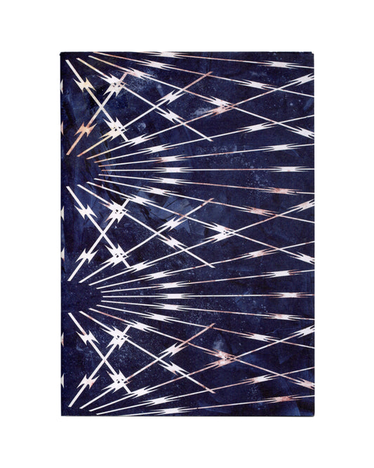AlphaBête, Kendell Geers, navy ground, crossing white barbed-wire lines radiating from lower left, 2013