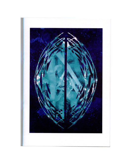 AlphaBête catalogue plate: Kendell Geers, turquoise oval bisected vertically, barbed-wire overlay, deep blue ground 