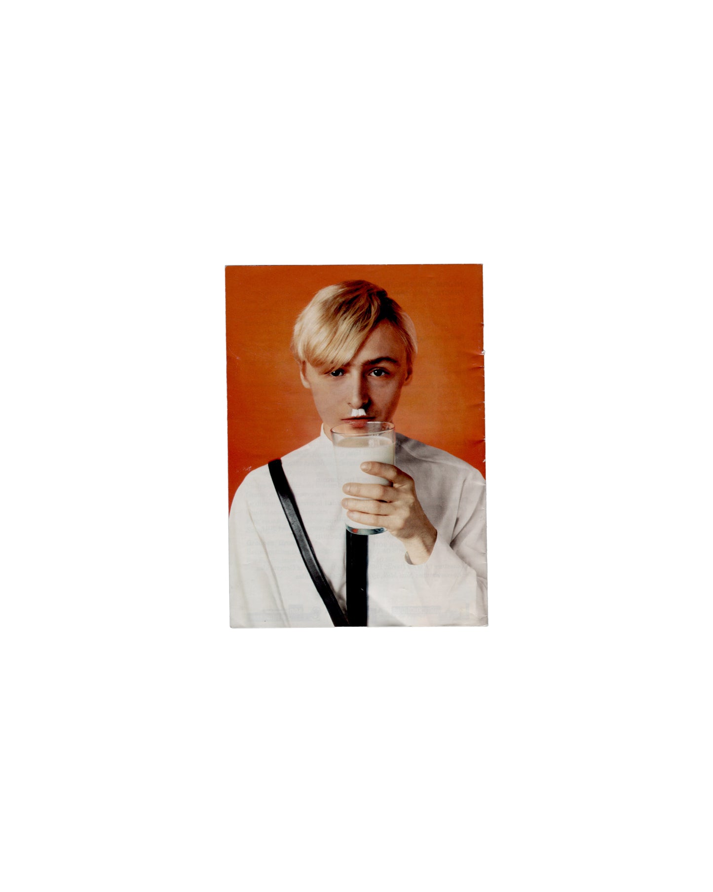 Back cover General Idea, Haute Culture: Une rétrospective, 1969–1994, Musée d'Art moderne de la Ville de Paris, 2011. Booklet back cover: colour photograph of a single figure against vivid orange-red ground — short blonde hair, white top, black diagonal strap, holding a glass of milk to lips; direct gaze. Handling creases, small mark lower cover.