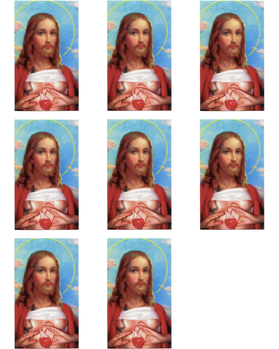 Breyer P-Orridge, Prayers for Pandrogeny & Breaking Sex, 2003, eight card fronts with altered Sacred Heart imagery.