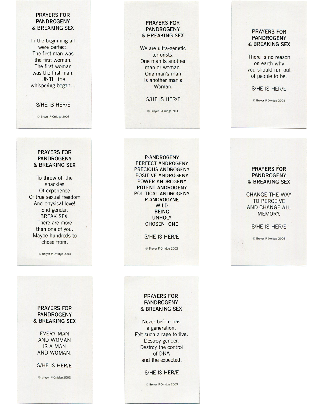 Breyer P-Orridge, eight card reverses with black prayer texts, “S/HE IS HER/E” and 2003 copyright notices.